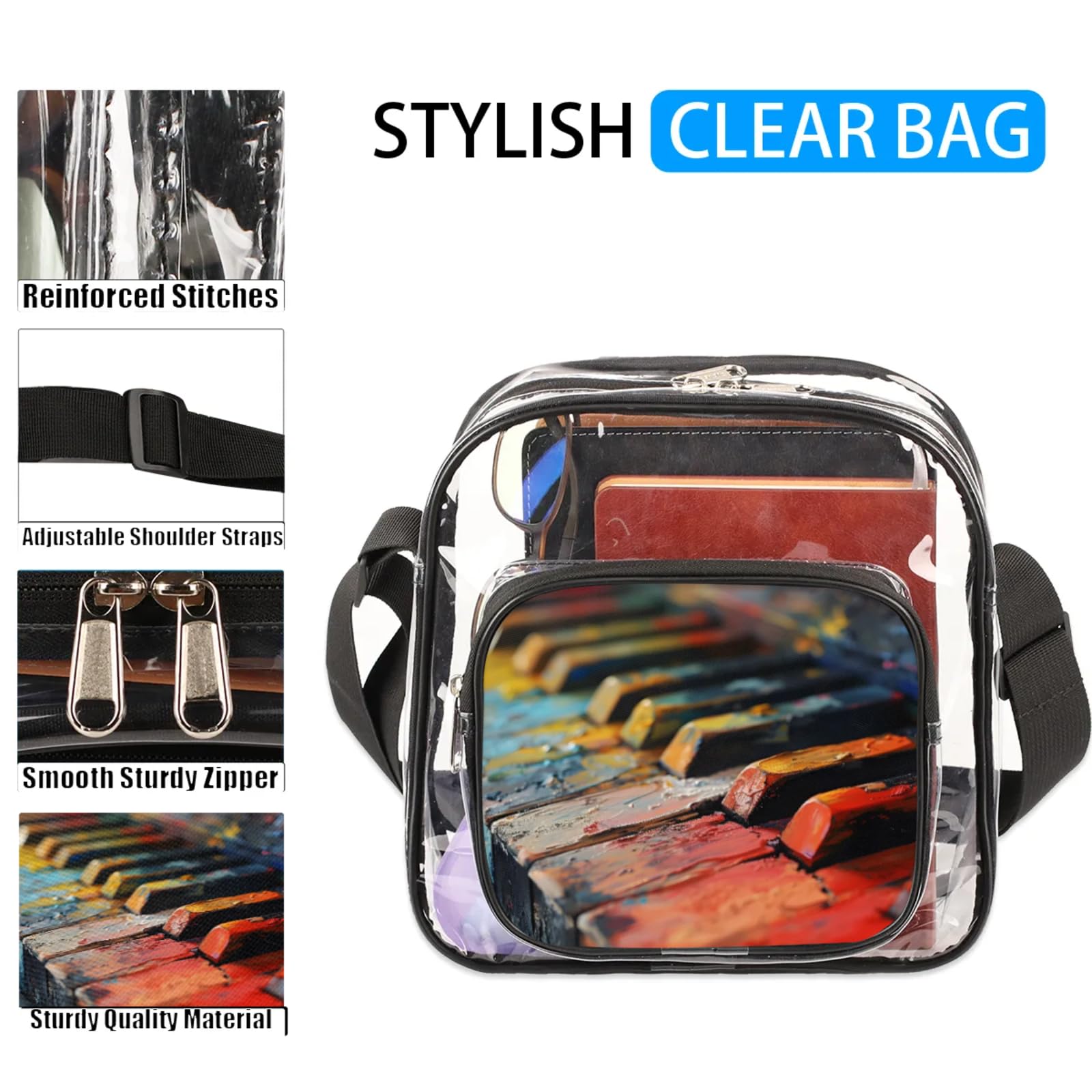 Clear Crossbody Bag Stadium Approved Retro Keyboard Transparent Bag for Festivals, Sports Events, Concerts,Beach Bag for Women Men Clear Purse with Front Pocket Messenger Bag with Adjustable Strap