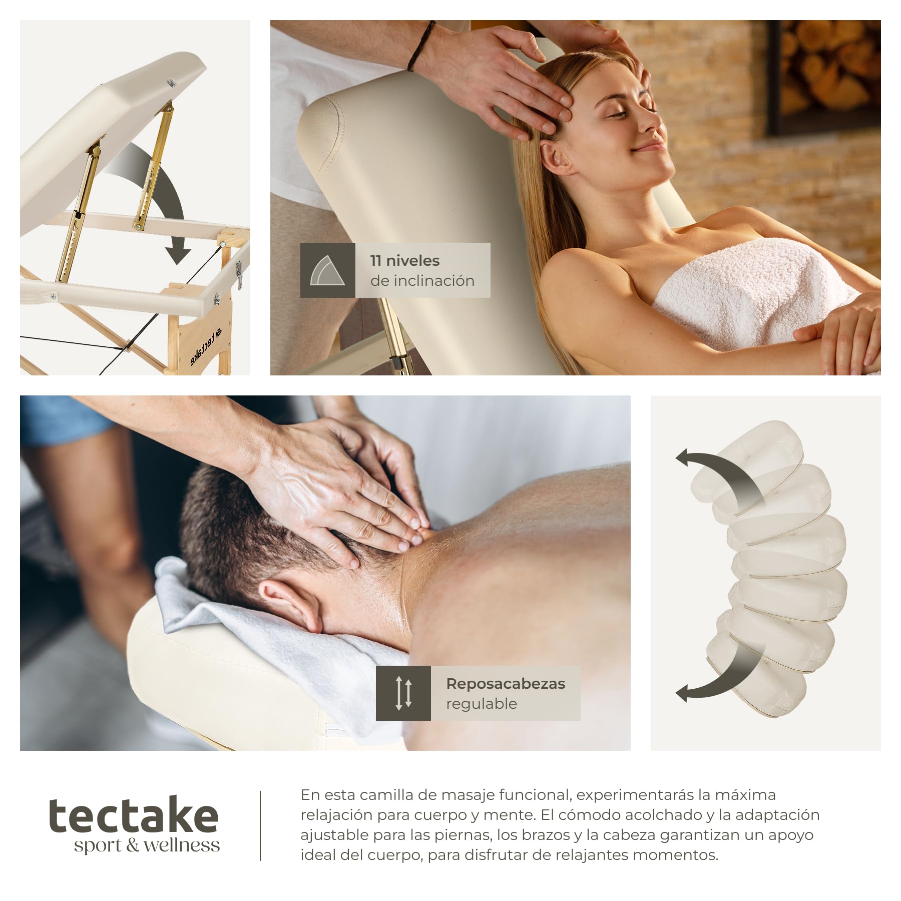 tectake Camilla Masaje Plegablle para Fisioterapia Tatuajes Quiromasaje, Camilla Portátil Ajustable para Estética Belleza, Carga 250kg y Acolchado de 7,5cm, con Accesorios - Beige
