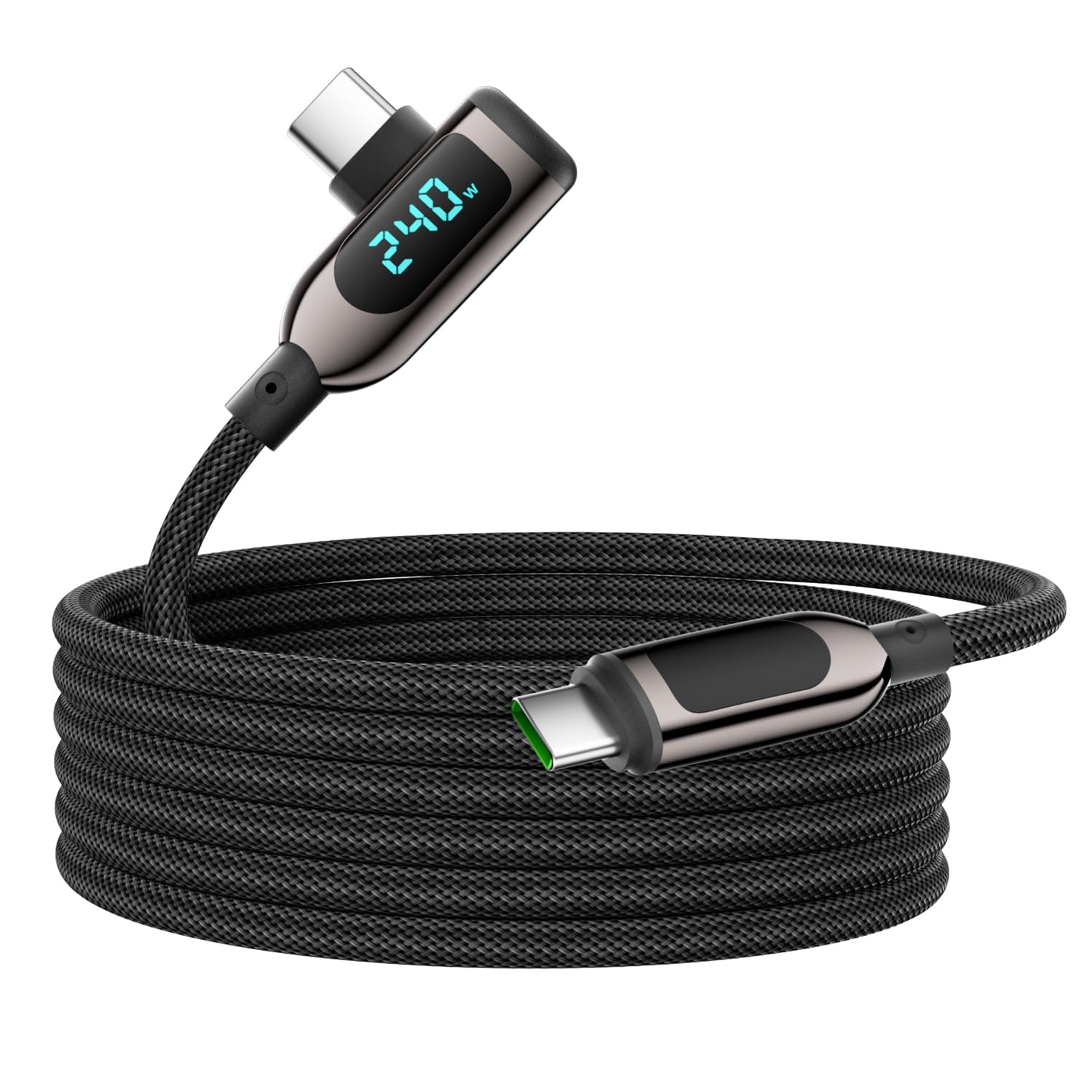 VisionSync 240 W rechtwinkliges USB-C-auf-USB-C-Kabel [3m], geflochtenes Nylon-Schnellladekabel Typ C mit LED-Anzeige für iPhone 16/15 Pro Max, Galaxy S25/S24 Ultra, MacBook, Laptop, Schwarz