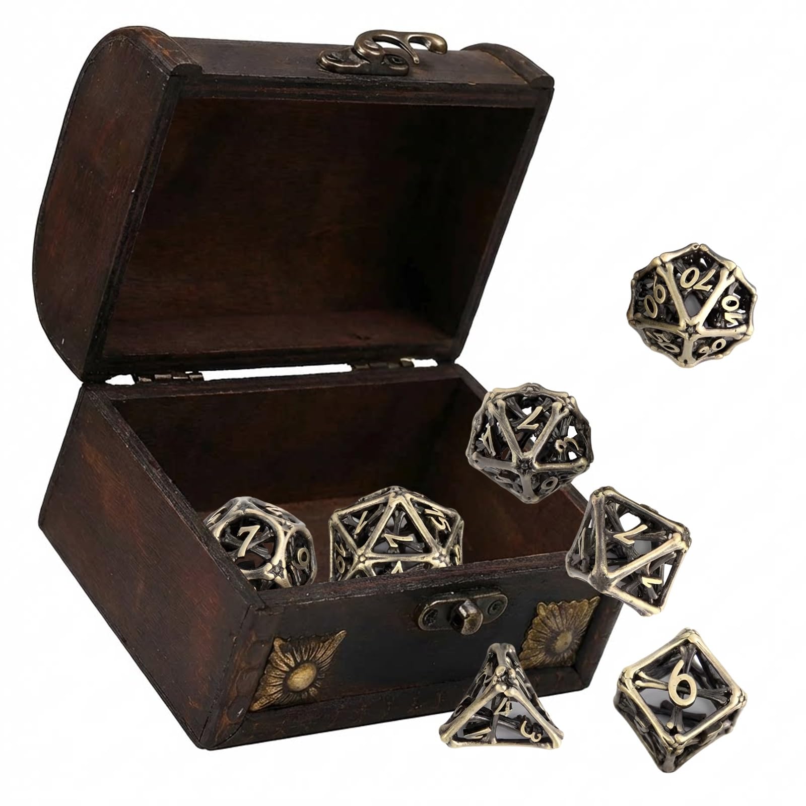 Ensemble de 7 Dés Creux en Métal, Dés Polyédriques pour Jeux de Rôle, Finition Jaune Os, Accessoires Élégants pour Jeux de Société, Décoration de Fêtes et Événements Spéciaux.