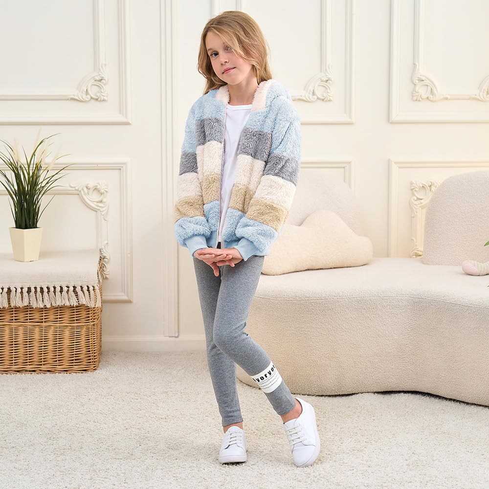 Girls Fleece Jacket Kids Soft Fuzzy Zip up Hoodie Fall Winter Sherpa Contrast color Pullover Sweatshirt 3-12 Years - Image 2