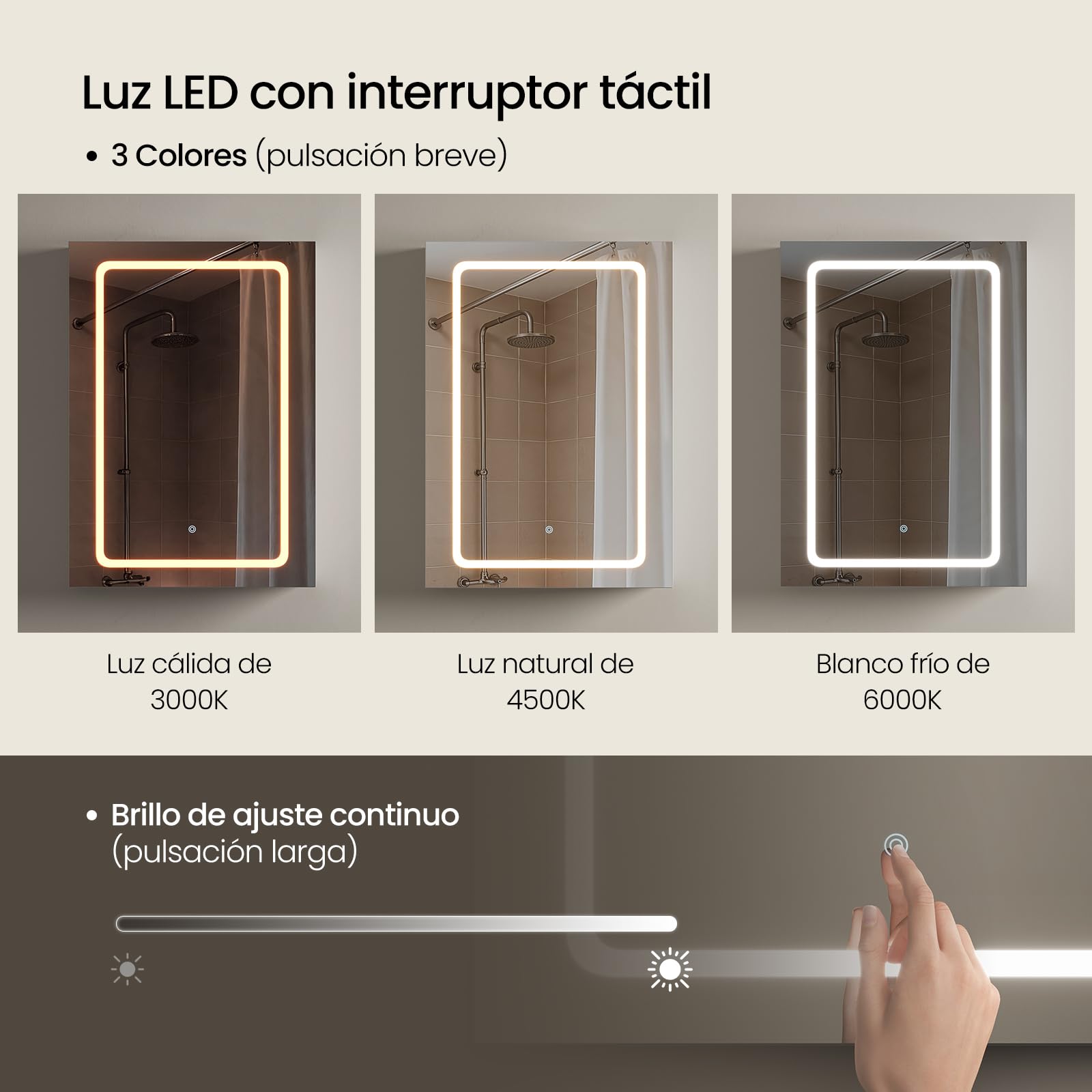 EUGAD Armario Baño con Espejo y Luz, Armario de Pared con Estantes Ajustables, Luz Táctil de 3 Colores, Ganchos de Joyería, Mueble Baño para Piso Apartamento, Blanco
