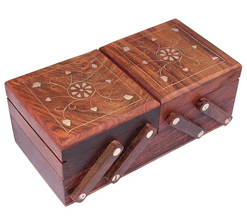 ITOS365 Jewellery Box for Women Wood Brown Brass Inlay on Top Handmade Gift, 8 Inches