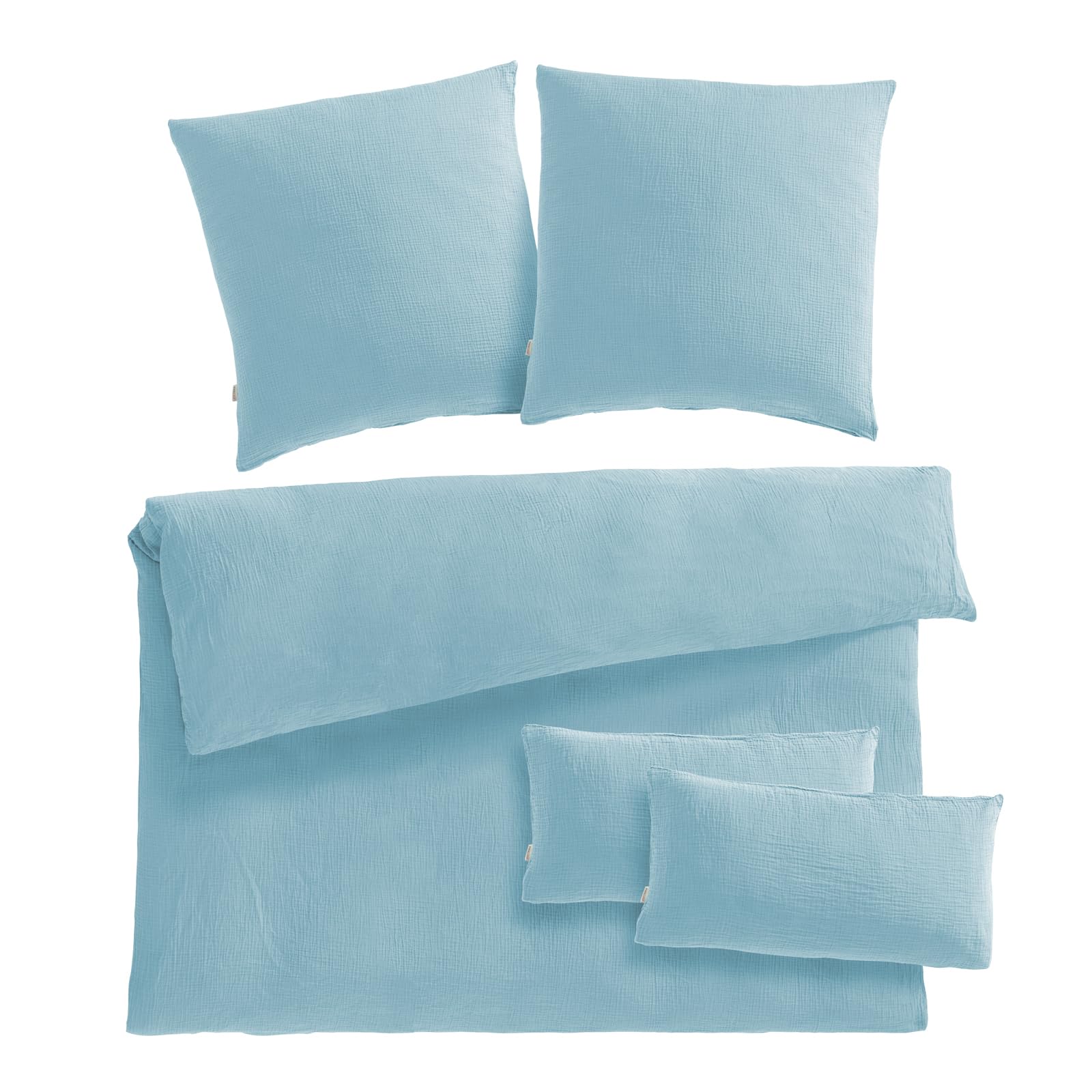 Pure Label Musselin Bettwäsche 200x220 5teilig bestehend aus einem Bettbezug 200x220 cm + Kissenbezug 80x80 2er Set + 40x80 Kissenbezug 2er Set aus Baumwolle - Kuschelige Bettwäsche in blau