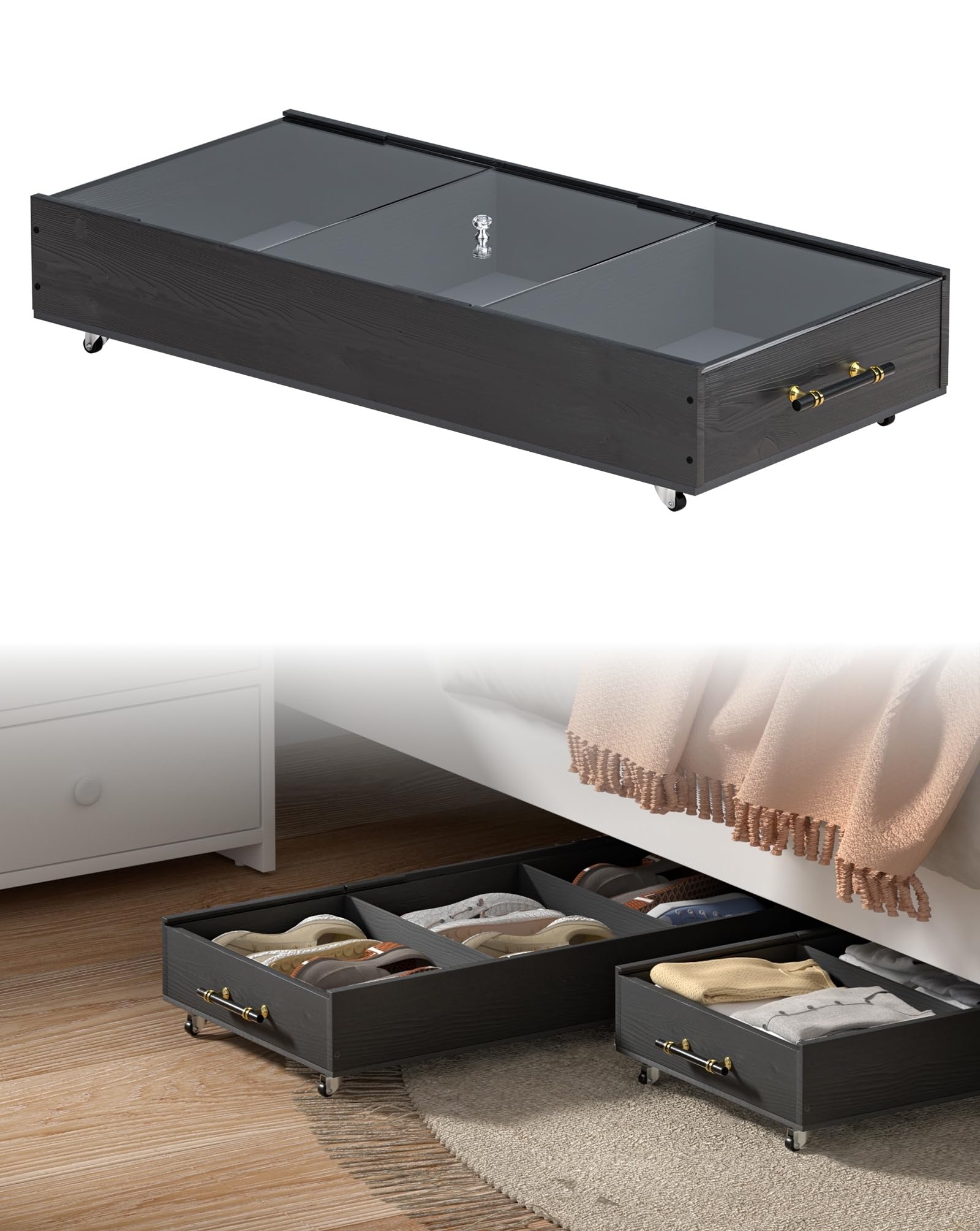 Unterbettkommode aus Massivholz mit Deckeln, Rädern, Griffen, unterteilter Unterbettschrank für Schrank, Holzkisten-Organizer für Kleidung, Unterbett-Behälter passend für jede Bettgröße, Weiß, 2 Stück Küche, Haushalt & Wohnen