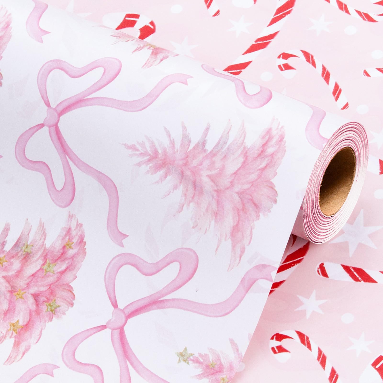 Wikadlik Reversible Christmas Wrapping Paper - Romantic Christmas Tree and Bow Candy Cane Design Girly Pink Gift Wrap Paper - 43cm x 10m