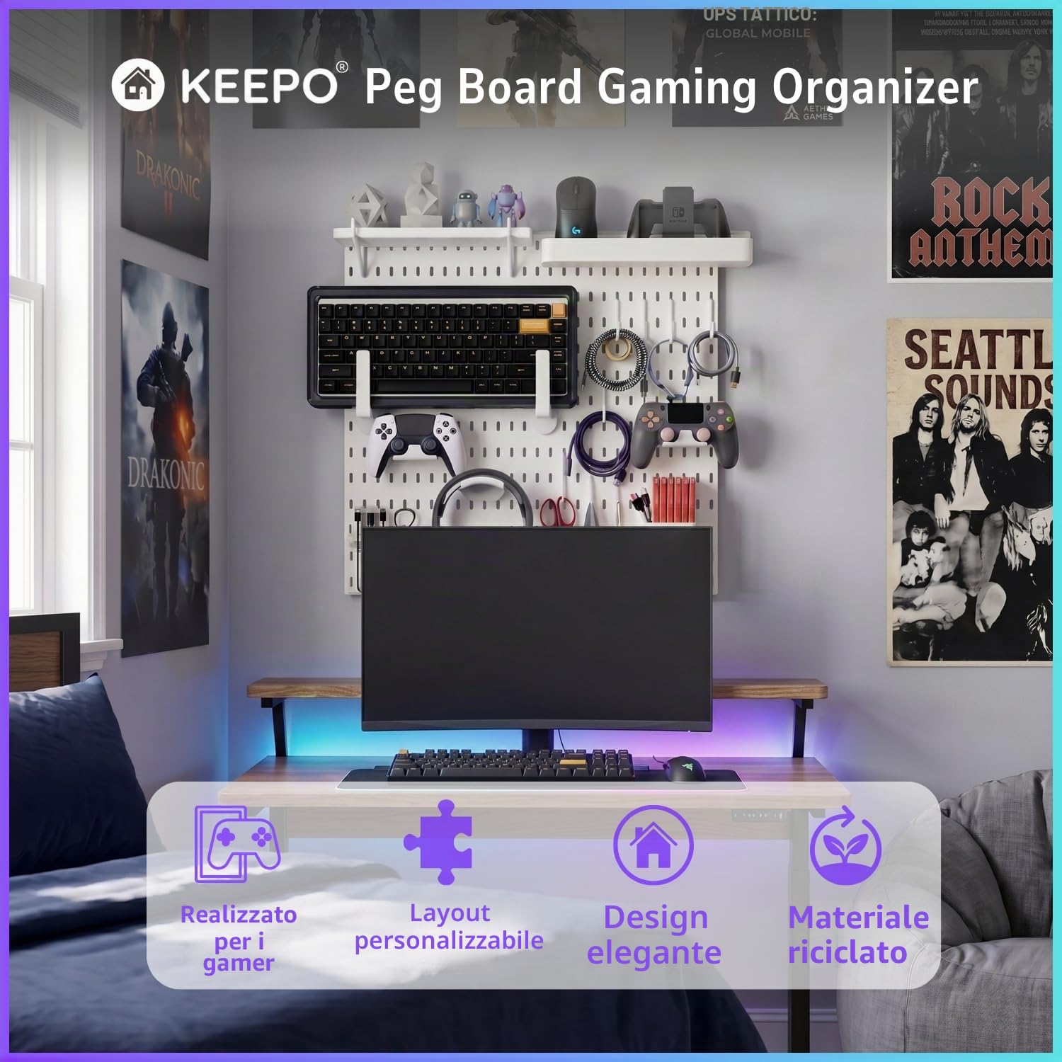 Keepo Kit combinato per pannello forato, organizer modulare da appendere, accessori per configurazione di gioco, supporto per controller e cuffie (bianco)