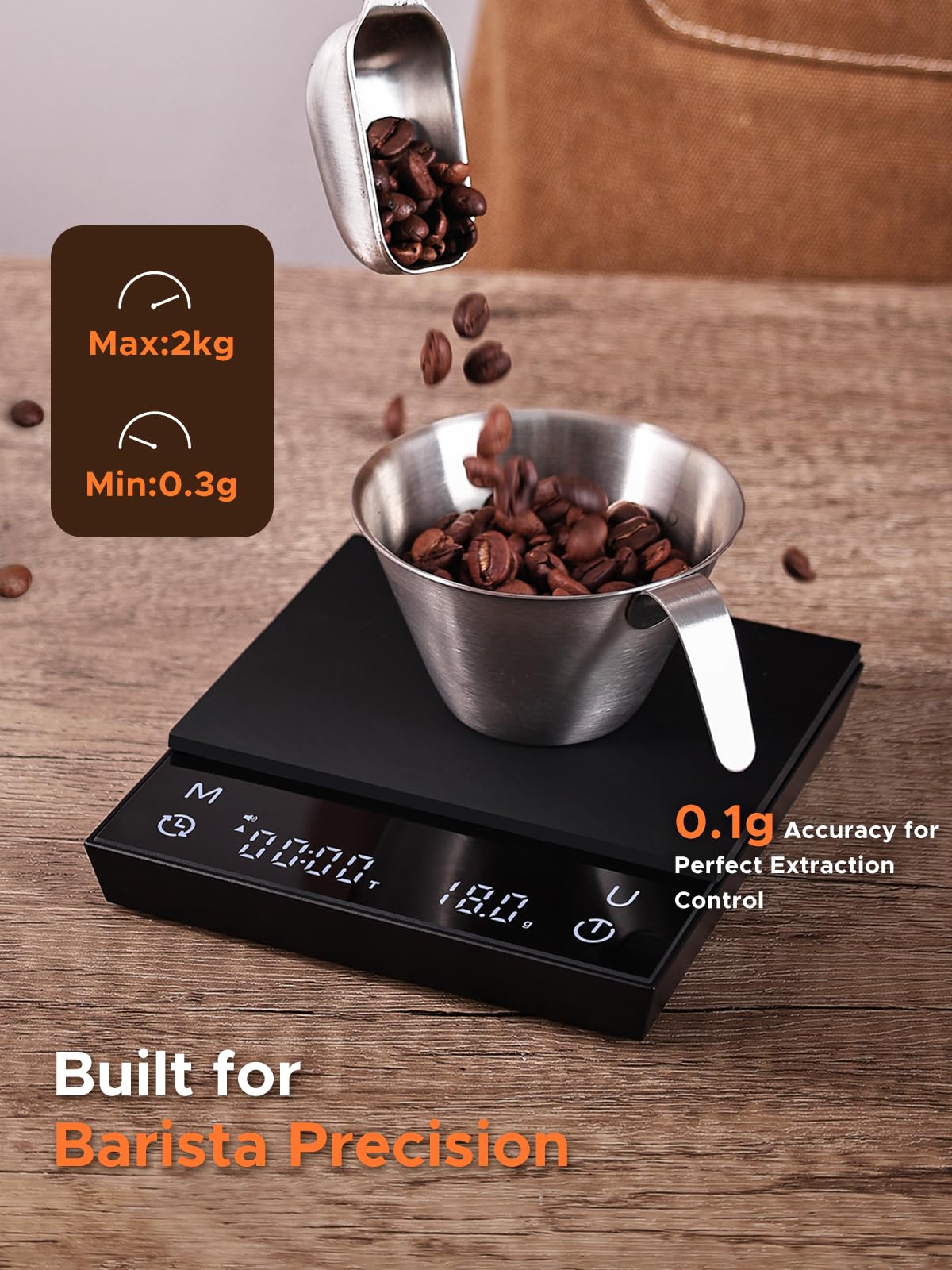 Bilancia da caffè in metallo con cronometraggio automatico, bilancia per caffè espresso ricaricabile con timer, scala ad alta precisione 2kg/0,1 g per chicchi di caffè, nera