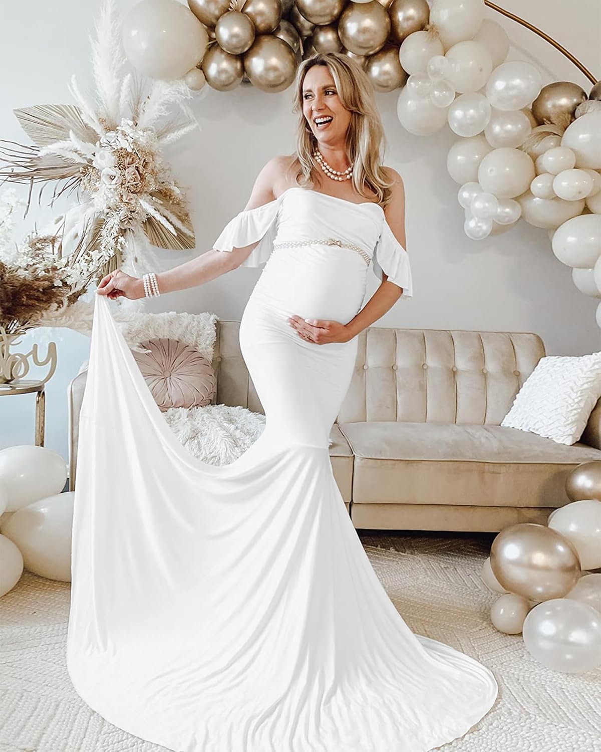 Saslax Off Shoulder Ruffle Sleeves Elegant Fitted Maxi Maternity Dress for Photoshoot Baby Shower - Image 6