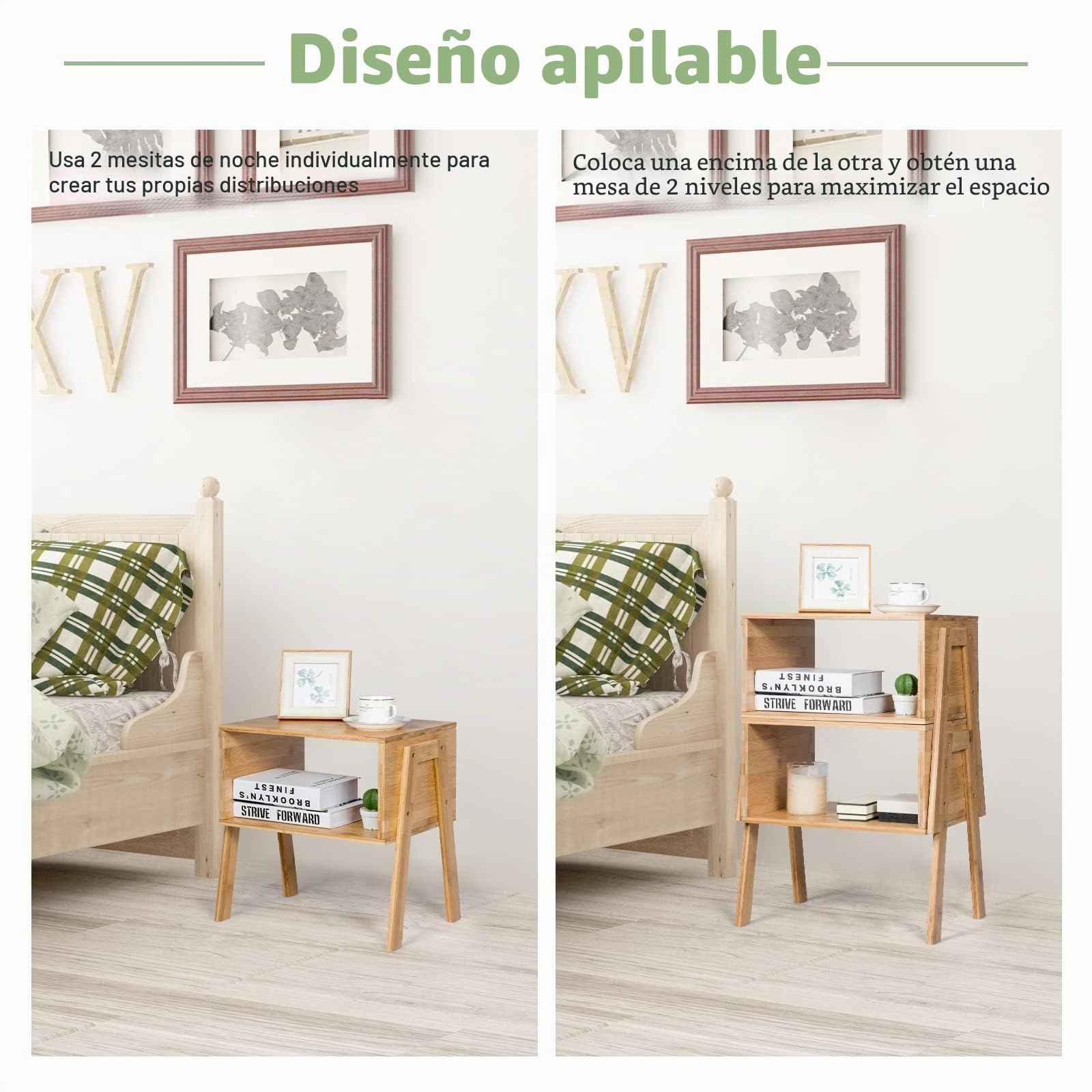 GIANTEX Juego de 2 Mesas Auxiliares de Bambú, Mesitas de Noche, Apilables,Capacidad de Carga de 50 kg,43 x 29 x 42 cm