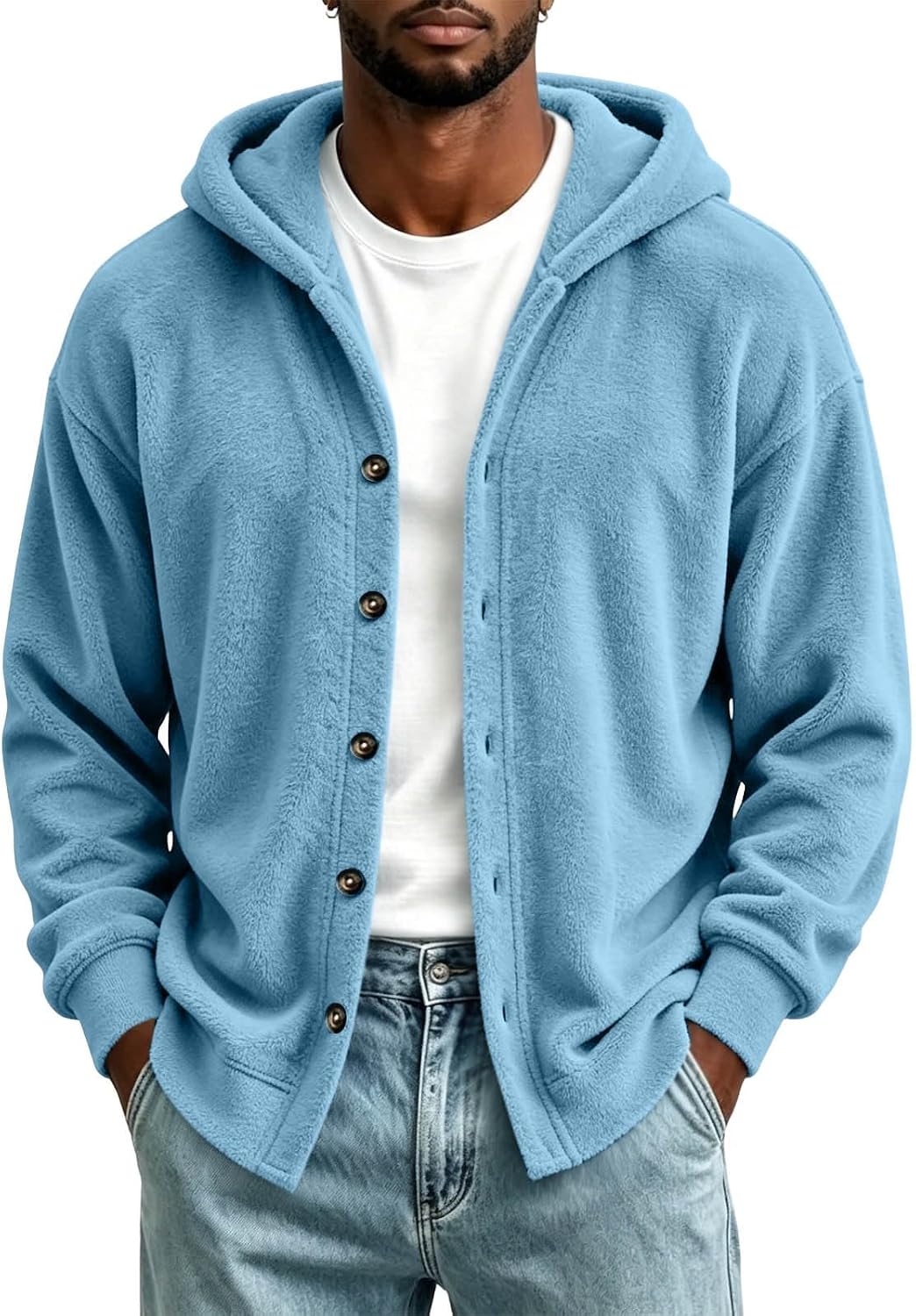 Mens Hooded Button Down Cardigan Long Sleeve Fuzzy Hoodie