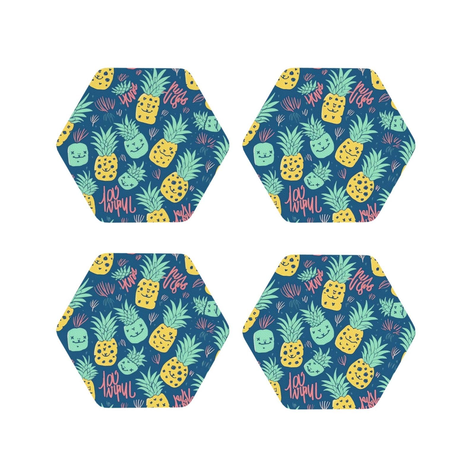 4pcs Drink Coasters for Tabletop Protection, 4" Leather Coasters for Drinks, Cute Pineapple Pattern Cup Coasters for Coffee Table Decor, Non-Slip Drinking Cup Mat for Hot Or Cold Drink