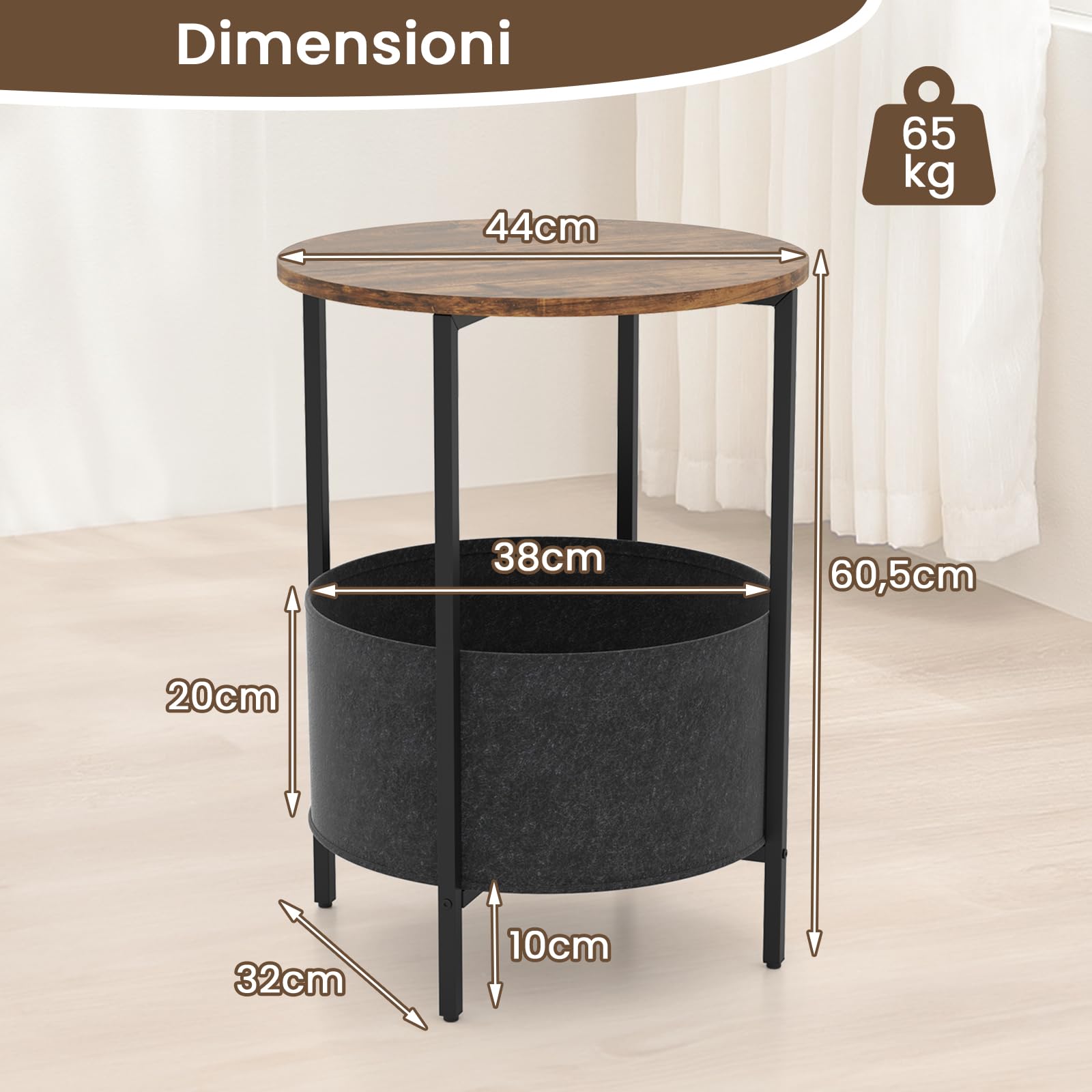 COSTWAY Tavolino Rotondo per Piccoli Spazi, Tavolino a 2 Ripiani con Cestino in Tessuto Rimovibile e Struttura in Metallo, Tavolino da Salotto, Camera da Letto e Studio (Marrone e Nero)