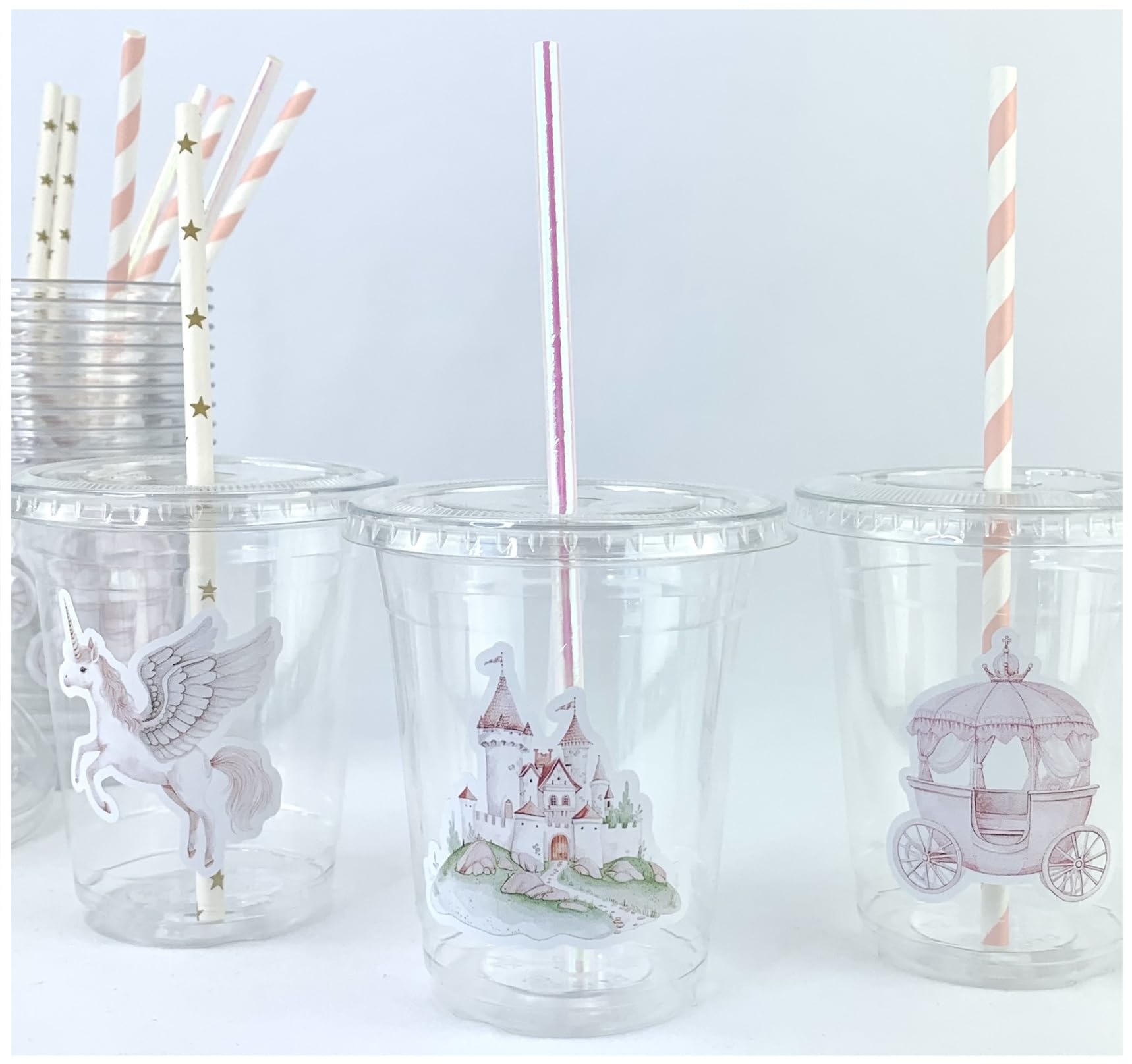 Pink Princess Birthday Party Castle, Carriage & Pegasus Disposable Plastic Cups with Lids & Straws, Set of 12