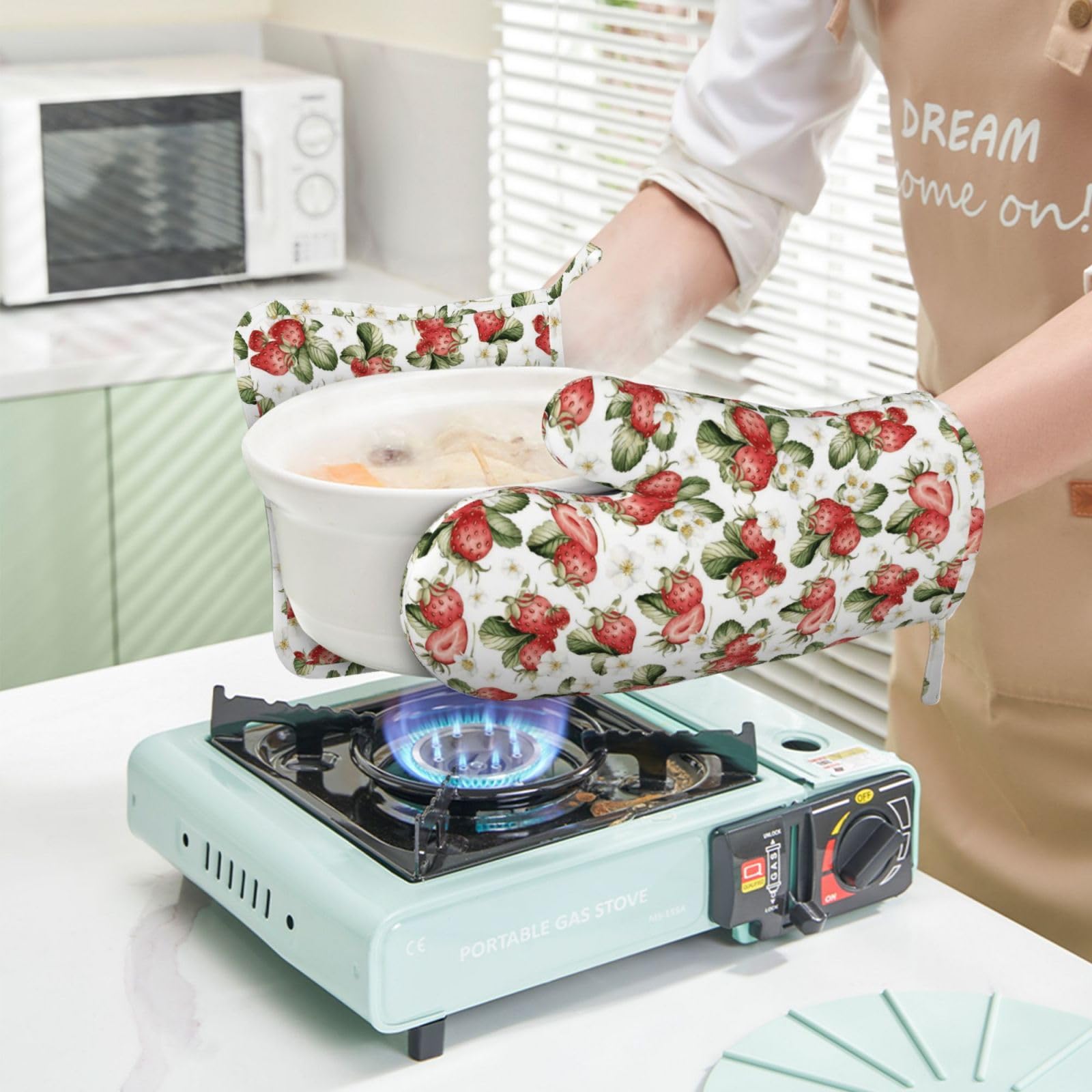 Juego de 4 manoplas de horno y agarraderas de verano de frutas y fresas, guantes de cocina florales de acuarela resistentes al calor, almohadillas calientes para cocinar, hornear, asar a la parrilla