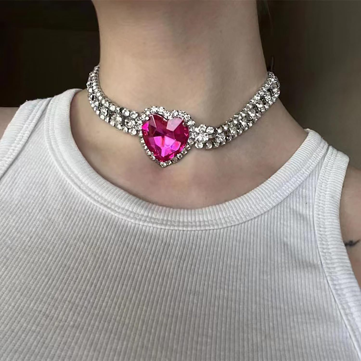 Aktully Rhinestone Heart Choker Necklace for Women Dainty Crystal Big Heart Necklace Pink Heart Statement Necklace for Women Birthday Party Prom Jewelry Accessories - Image 7