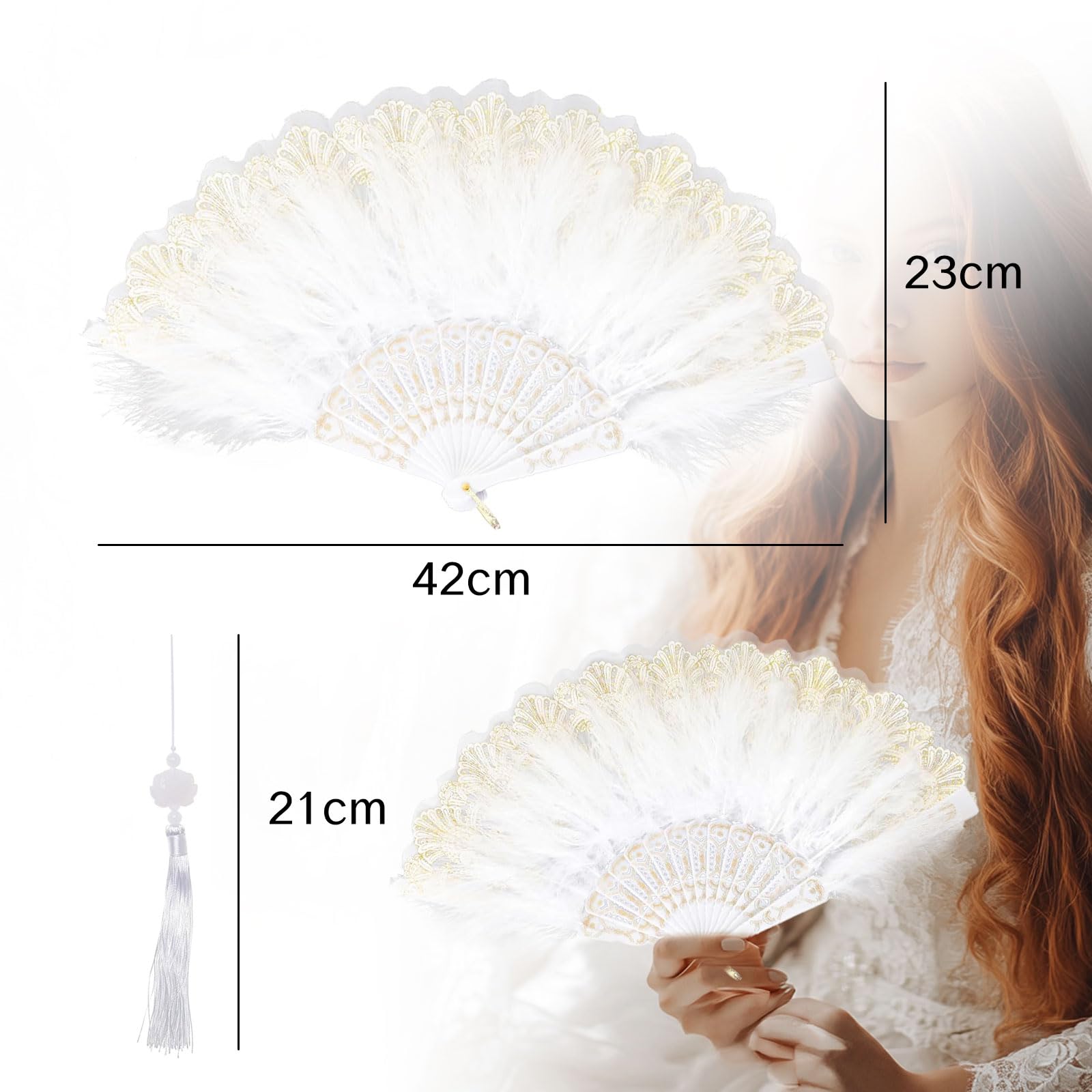 NIIIYTYB Feather Fan White Foldable Handheld Flapper Fan with Feathers 1920s Vintage Embroidered Flower Folding Fan for Women Costume Party Wedding Dancing Decoration Chinese Hand Fan