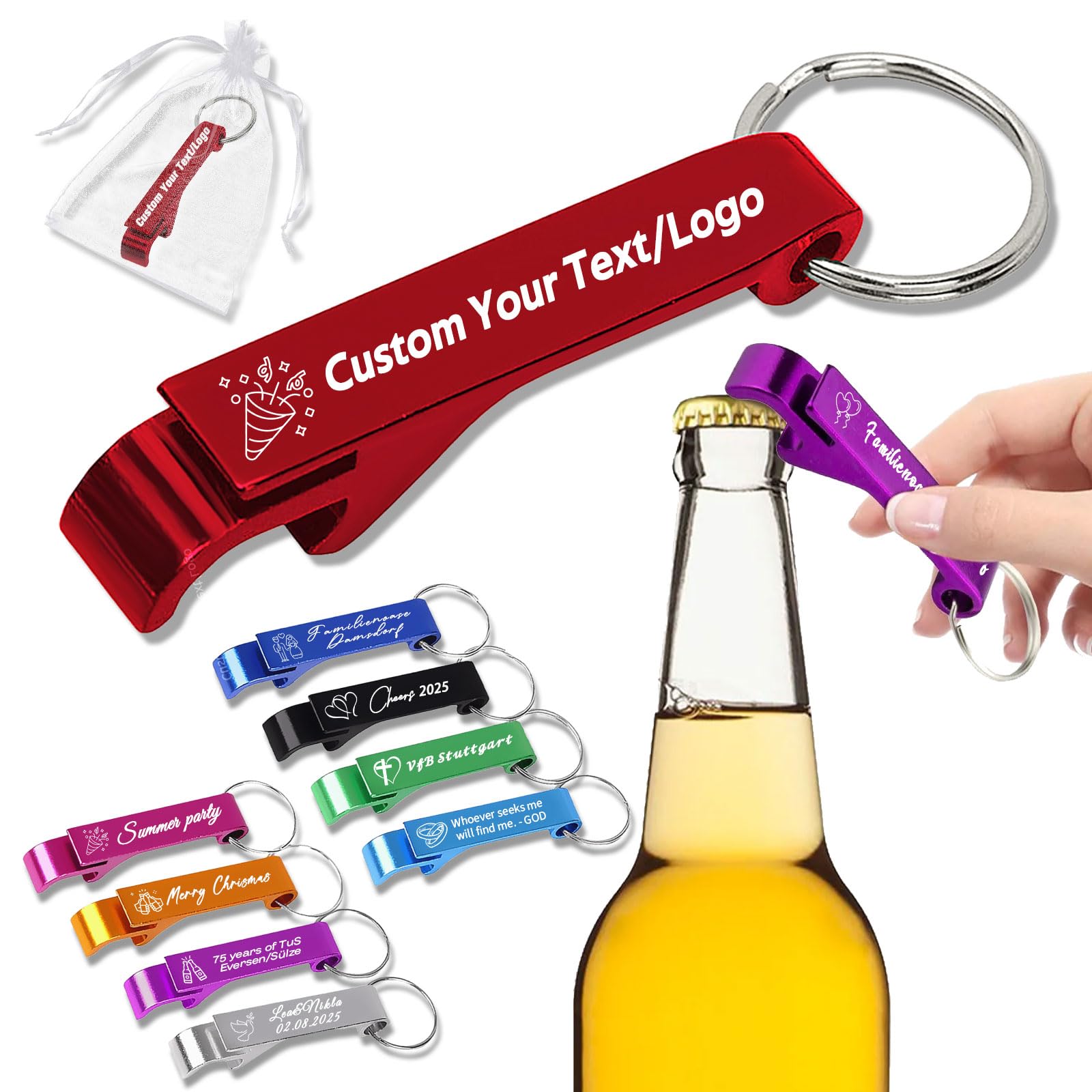 10-100 Pcs Personalised Aluminium Bottle Opener Keyring Engraved with Text Logo Custom Keychain Bottle Opener 9 Colours for Christmas Party Bar Gathering (100)