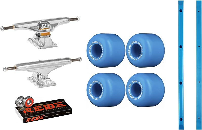 Skateboard Trucks Package Old School Kit with Powell Mini Cubic 64mm Blue Wheels, Bones Reds Bearings, and Blue Rails