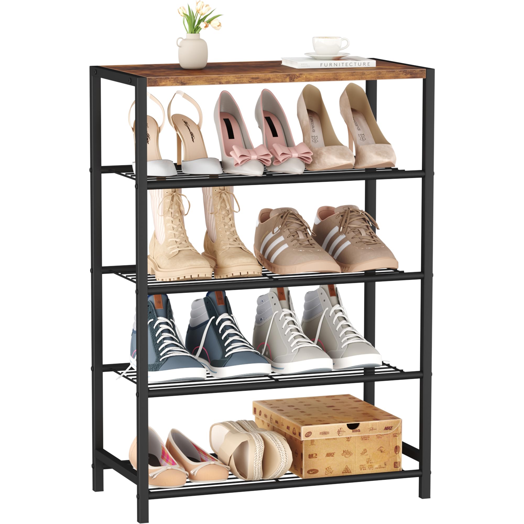 HOMEFORT 5-Tier Shoe Rack, Shoe Storage Shelf with MDF Top Board, Shoe Rack Organizer, Each Tier Fits 3 Pairs, Entryway Shoe Stand with Sturdy Shelves, Rustic Brown