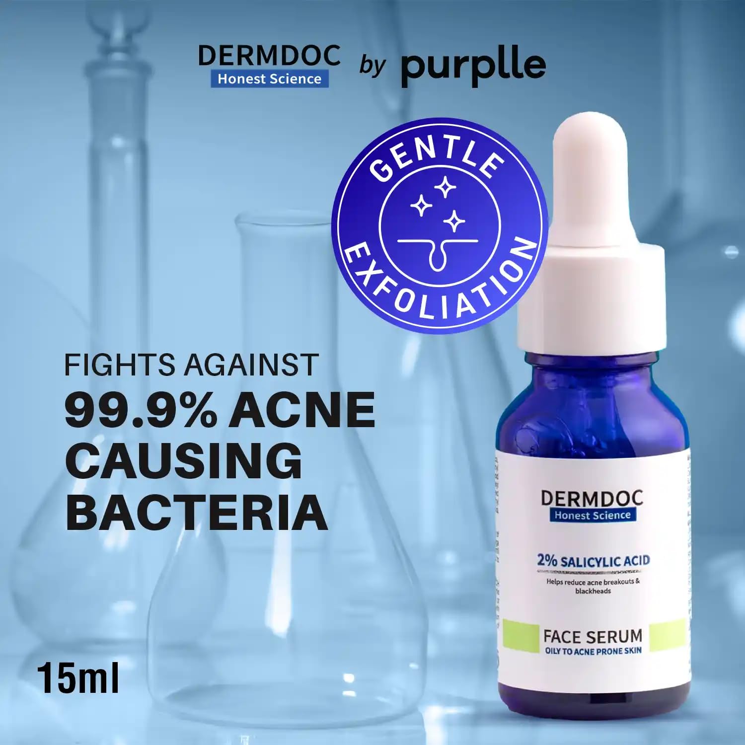 DERMDOC 2% Salicylic Acid Face Serum for Oily and Acne-Prone Skin, Zero Irritation, Water-Based, 15ml 2