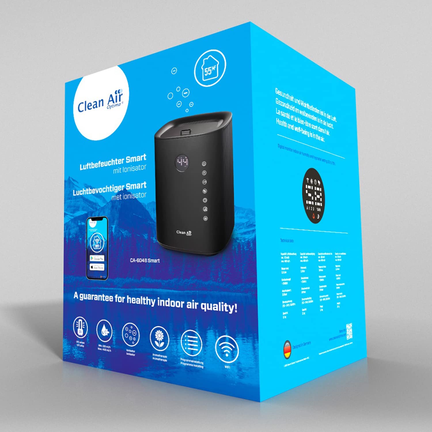 Clean Air Optima CA-604 Smart Top Filling - 3 en 1: Humidificador, purificador de aire y aromaterapia. - Capacidad min.120 ml/h - máx.400 ml/h! - Ideal para habitaciones de hasta 55 m²/140 m³ (negro)