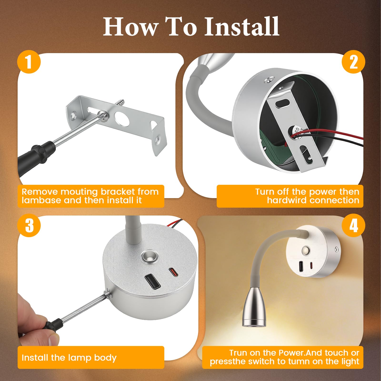 2 Pezzi Lampada da Lettura per Camper con Caricabatterie USB A+C, faretto da Parete a LED da 12 V, Lampada da Parete Flessibile a Collo D'Oca per Camper roulotte Barca Yacht (Argento)