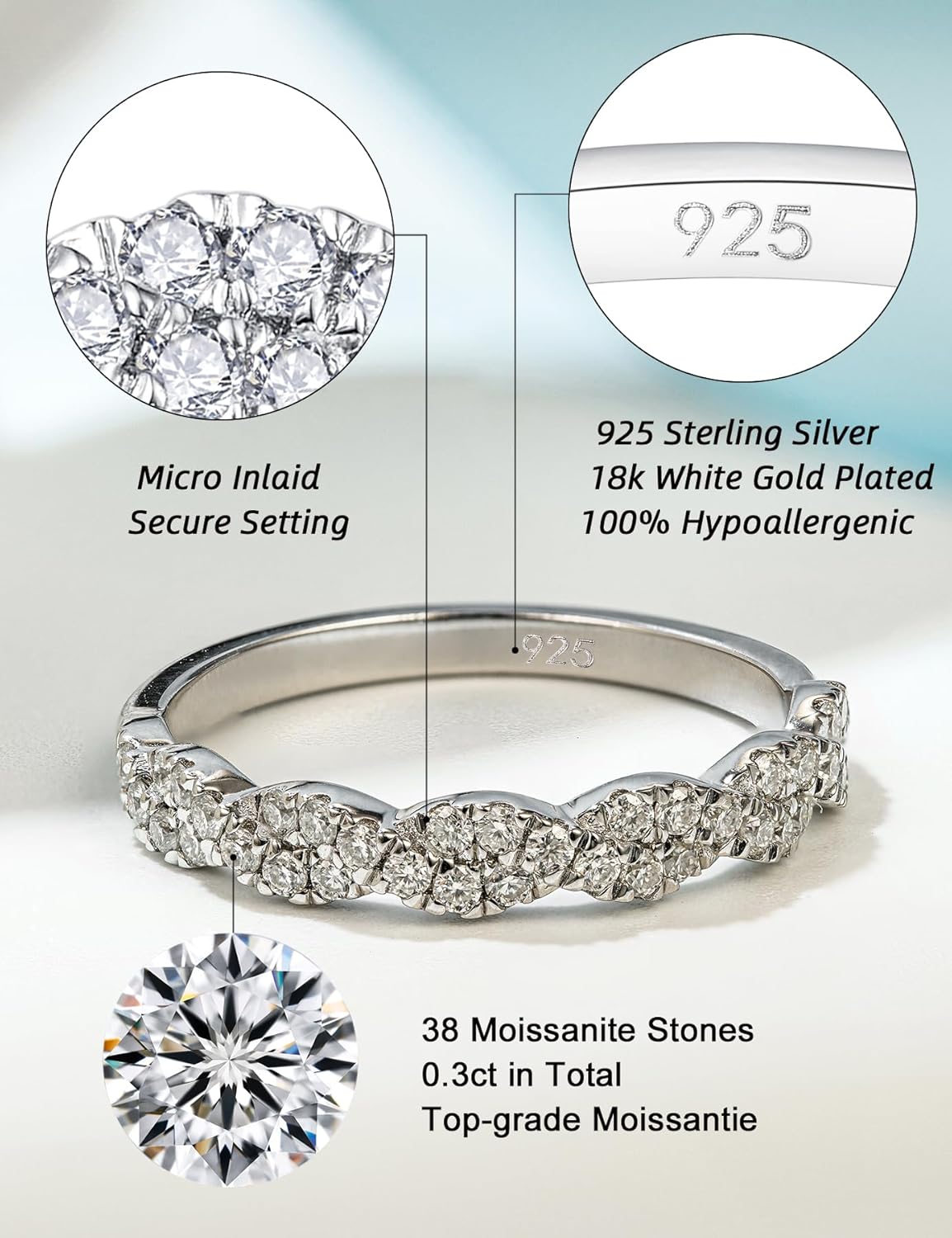 IMOLOVE Moissanite Wedding Bands for Women, Trendy 0.3 Carat Half Silver Women's Eternity Wedding Bands Fashion Moissanite Stackable Rings for Women with 18K White Gold Plated Size 4-11 - Image 2