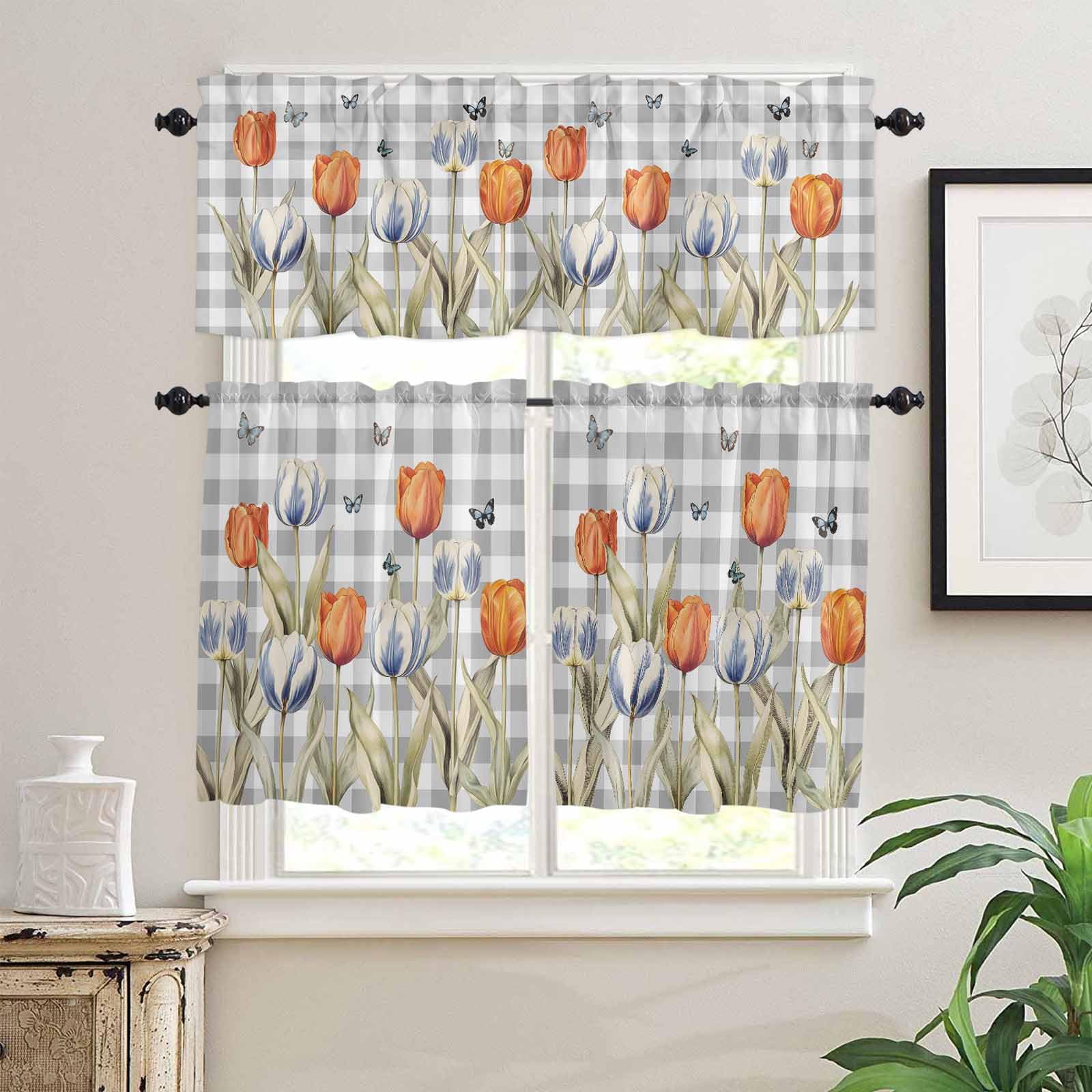 Orange Flower Kitchen Curtains 36 Inch Length,3 Piece Rod Pocket Small Half Tiers and Valance Set,Blue Tulip Butterfly Watercolor Plaid Grey Small Large Window Treatment Decor for Bedroom/Bathroom