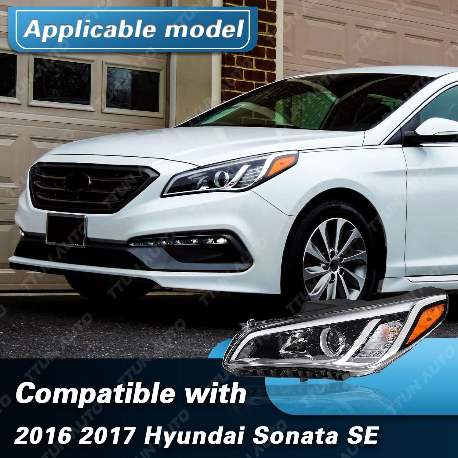 Compatible with 2015-2017 Hyundai Sonata SE/Sport/Limited/ECO Halogen Headlight with Parking Lamp 92101-C2050 92102-C2050 Driver & Passenger Side (Not Compatible with Hybrid)