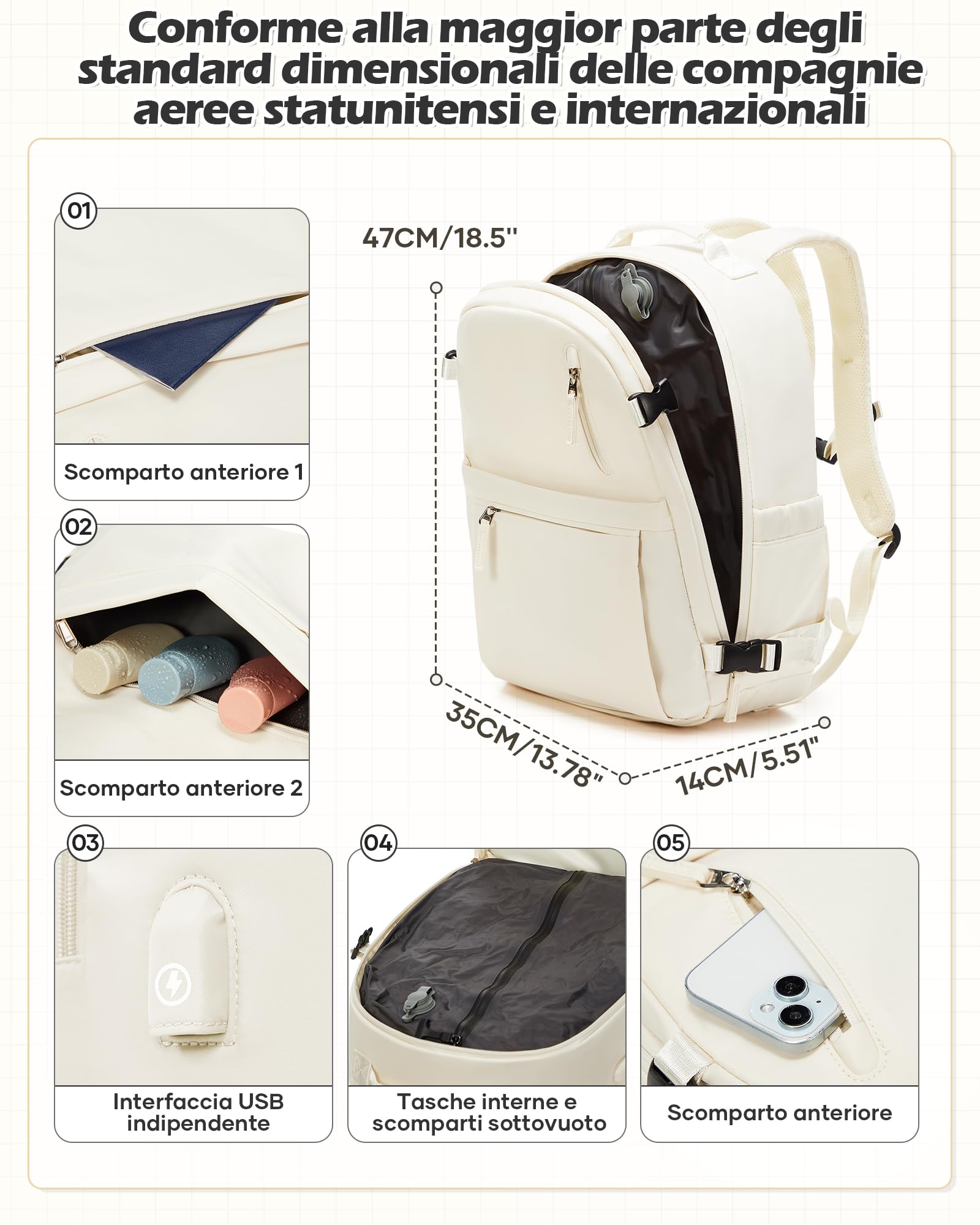 Zaino da Viaggio con Sottovuoto Incorporato, Zaino Easyjet Wizzair Bagaglio a Mano Ryanair, Zaini Vacuum Backpack Impermeabile Donna Uomo(Beige)