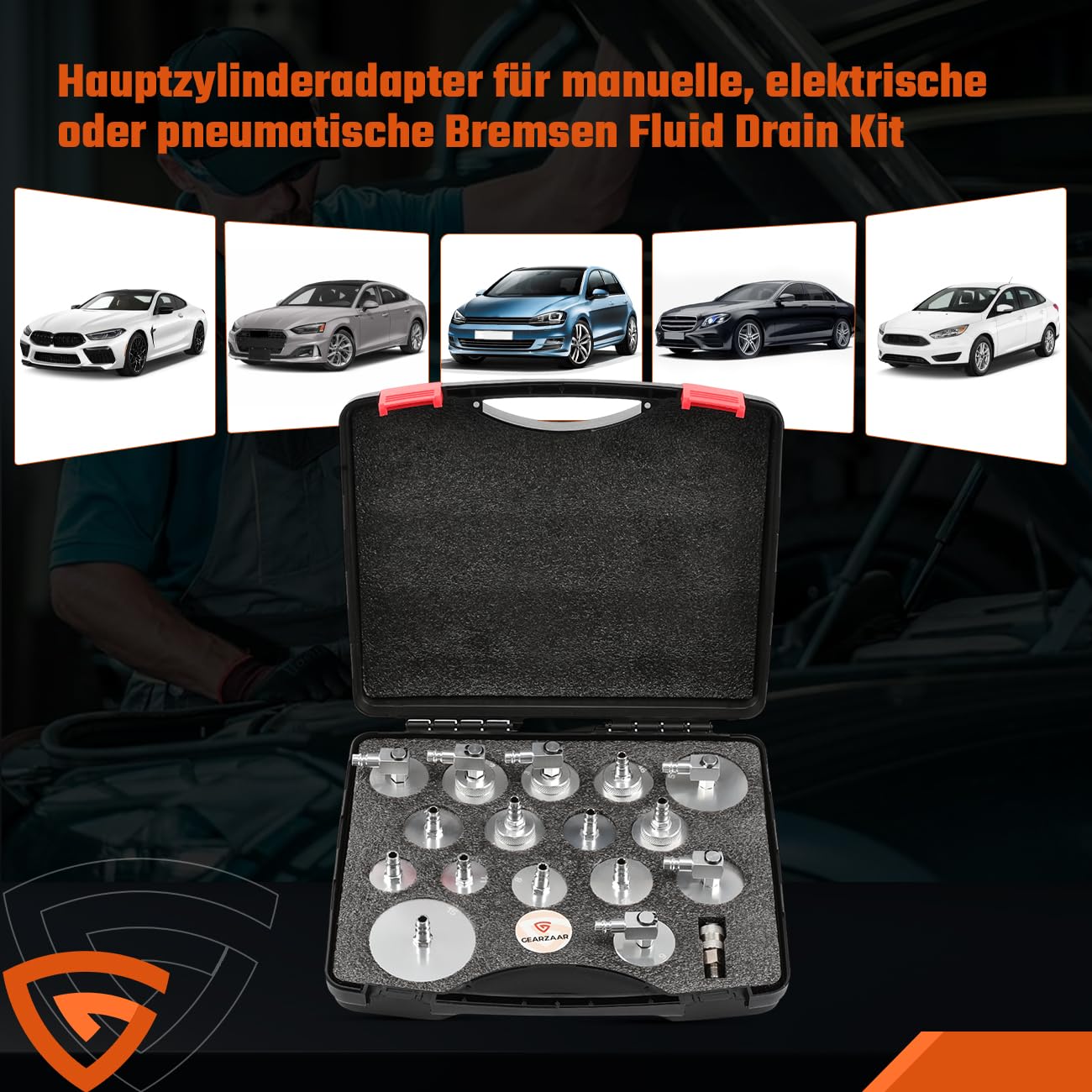 GEARMONSTER 17-TLG. Bremsenentlüftungsgerät Adapter Set Entlüftungsgerät Kfz Bremsenentlüfter Adapter mit Schnelladapter passend für Auto Bremssysteme Bremsenentlüftungs Set