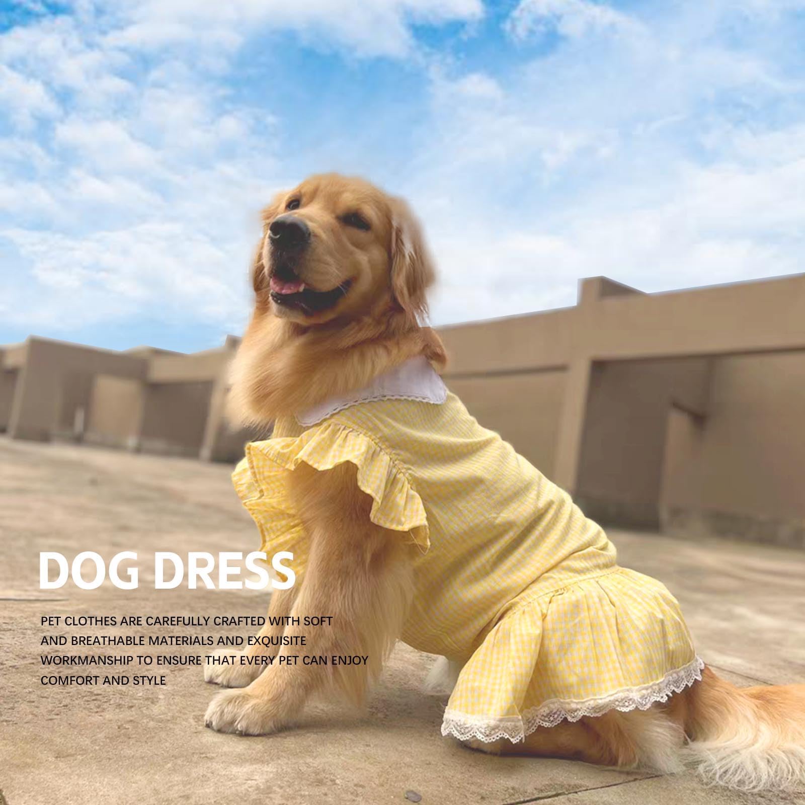 Hunde-Prinzessinnenkleid für große Hunde und Mädchen, Baumwolle, niedliches Karomuster, mittelgroße Hunde, Geburtstags-Outfit, Kleidung, modisch, süßes Haustierkleid für Party, Urlaub (Gelb,