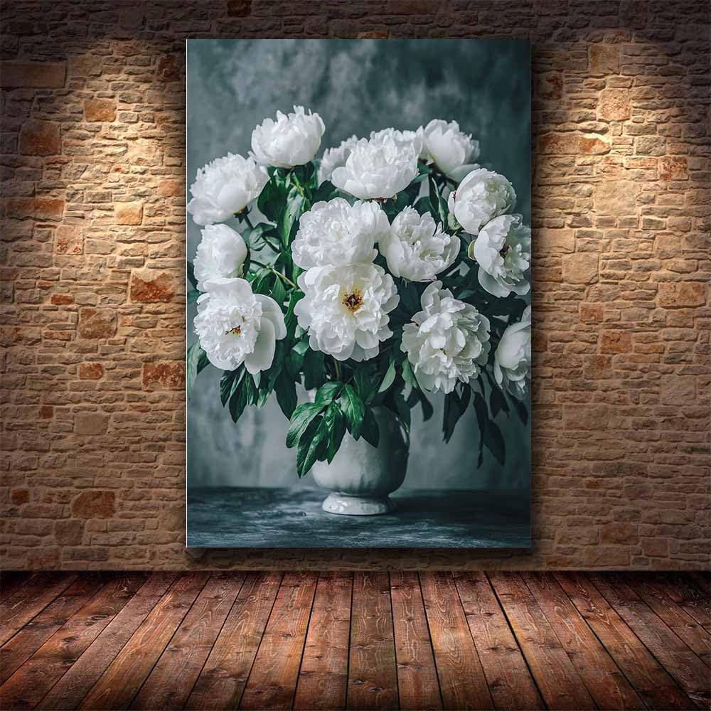 WUFIEA Semplice arte botanica Stampe su Canvas Peonie bianche per Camera da Letto Agriturismo Soggiorno Bagno(bianco)-60x90cm Incorniciato