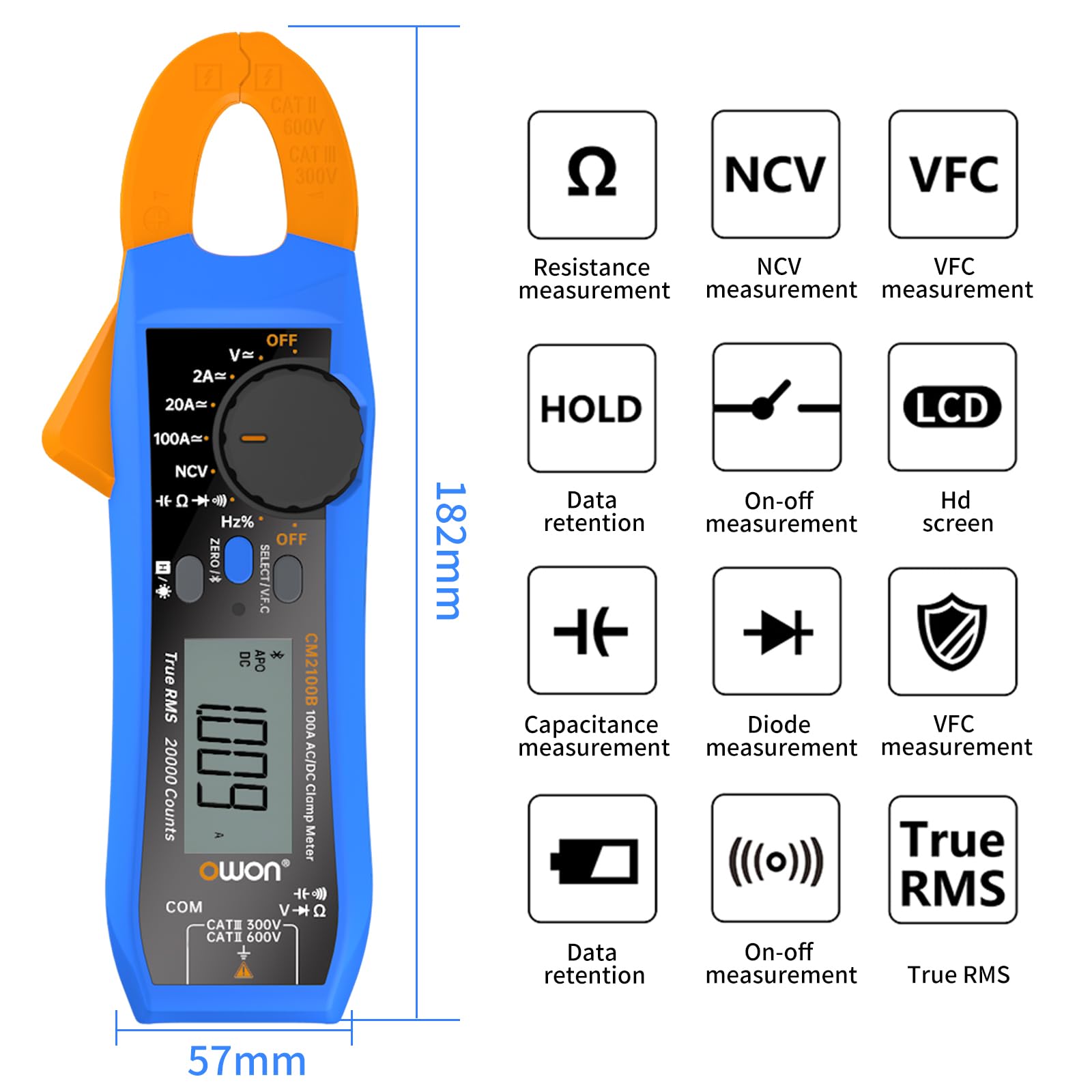 OWON CM2100B Bluetooth mini cyfrowy miernik zaciskowy, 100 A AC DC, napięcie prądowe, prawdziwe szczypce RMS amperomierz, opór, pojemność, kontroler, diody, multimetr
