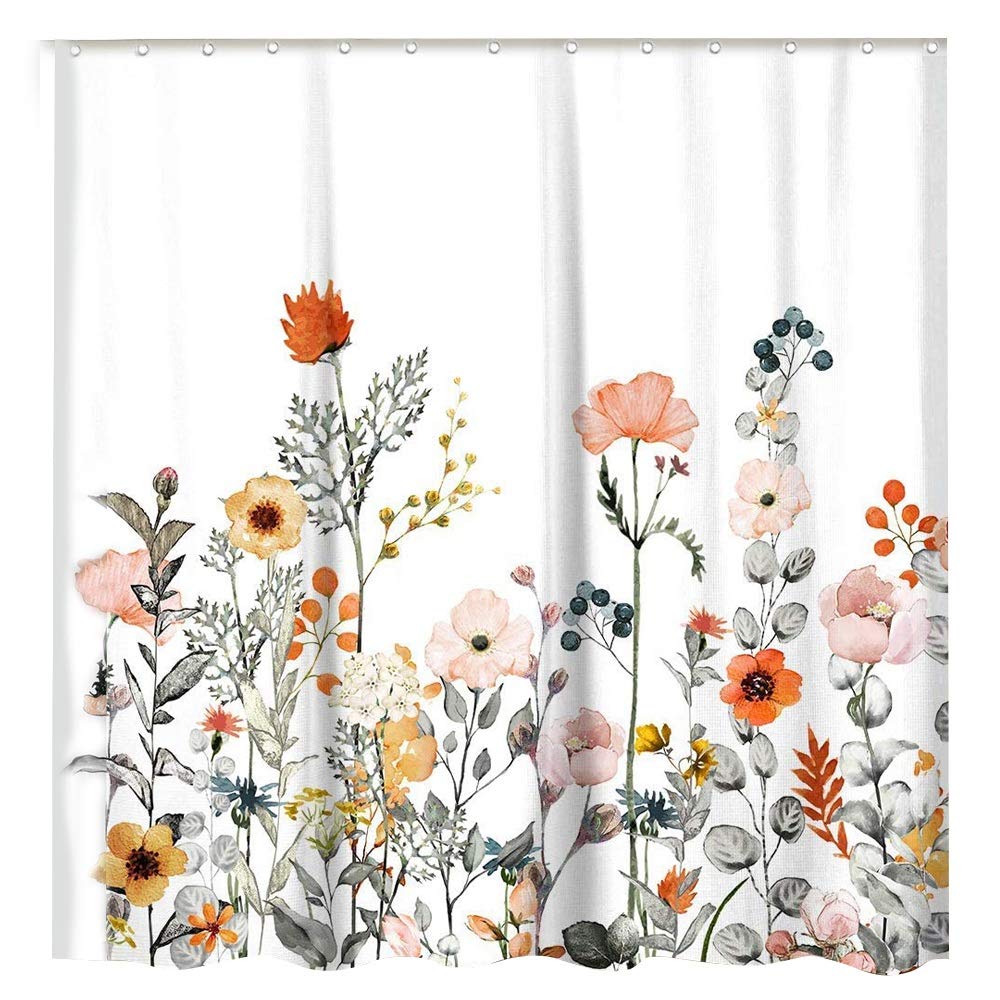 Josenidny Shower Curtain With 12 Hooks Watercolor Botanical Flowers Decorative Bath Curtain Modern Bathroom Accessories