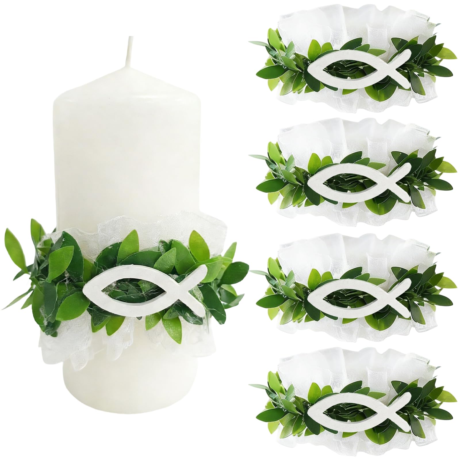4 Stück Tropfschutz Kommunionkerze, Tropfenfänger Kommunionkerze Mit Weiß Holzfische und Organza, 5Cm Durchmesser Einstellbar Kerze Kommunion Dekoration,Tropfschutz Kerze Für Taufkerzen Hochzeiten