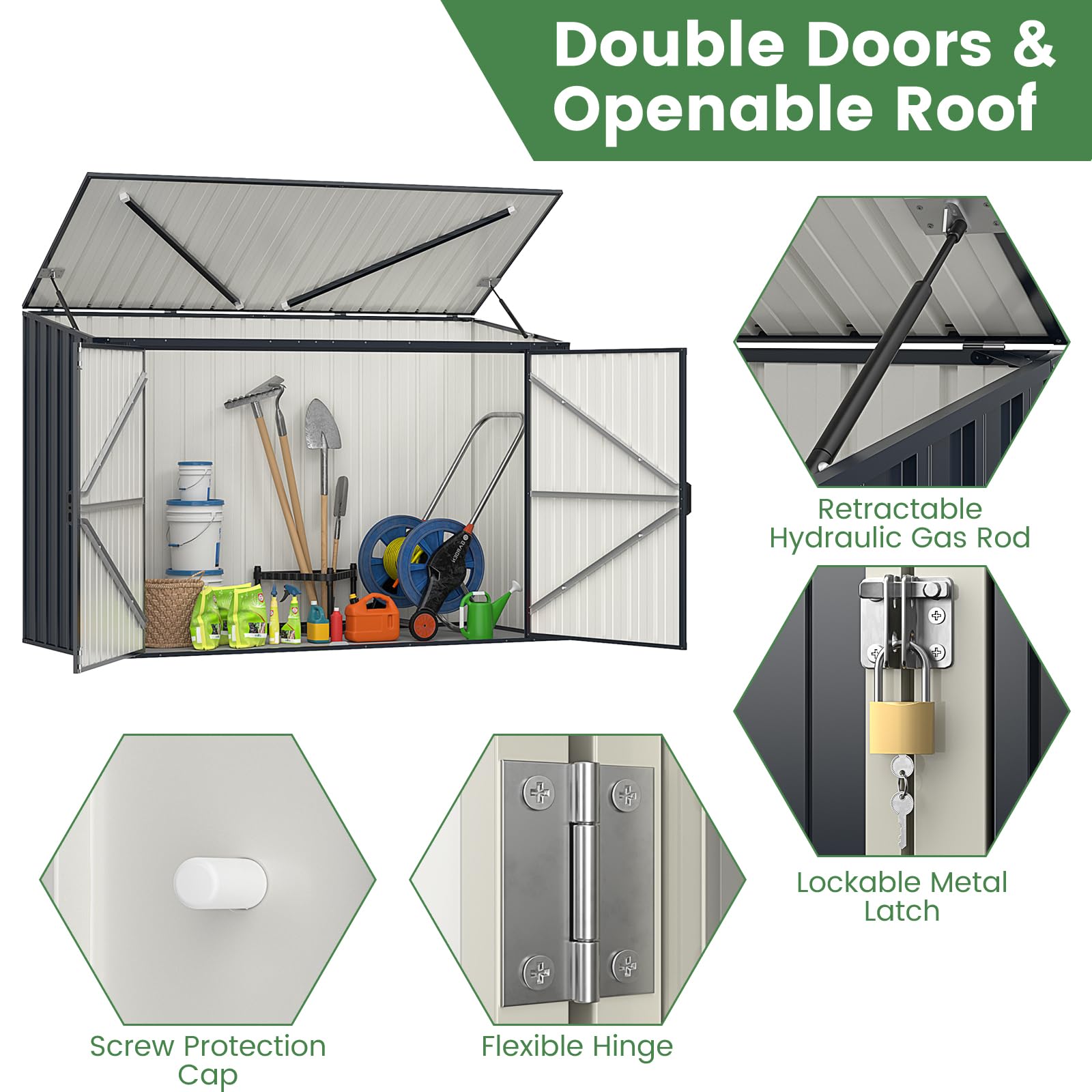 HOMASIS Abris Outils de Rangement en Métal-120 L,1,9 m³, Résistant aux Intempéries, avec 2 Gants, Cache-Poubelles pour 2 Poubelles avec 2 Porte et Couvercle Rabattable, Verrouillable