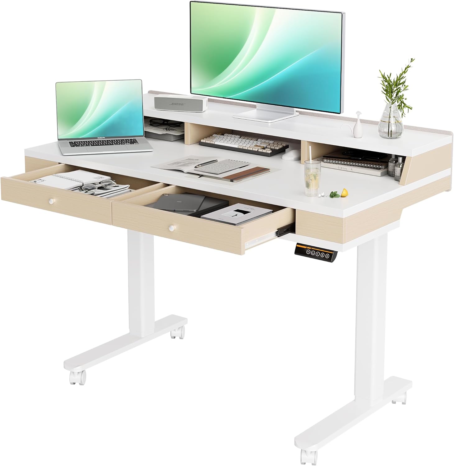 Claiks Electric Adjustable Standing Desk with Drawers, Sit Stand Up Desk with Storage Shelves  Wheels, 55 Inch White