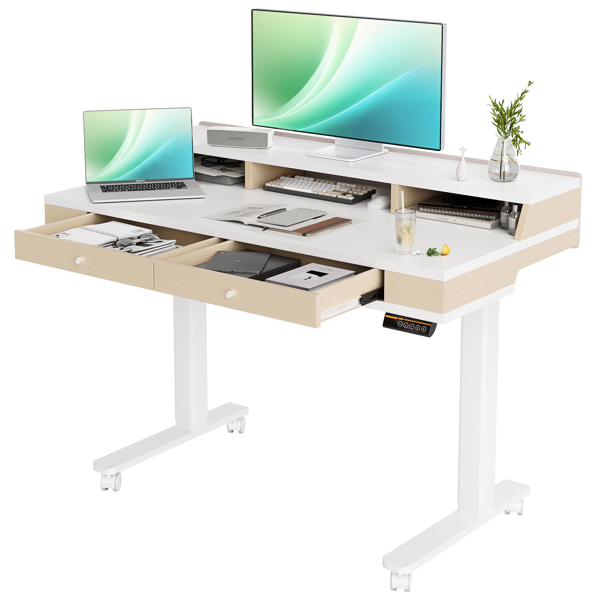 Claiks Electric Standing Desk with Monitor Stand & 2 Drawers, 120 x 60 cm Height Adjustable Desk with Storage Cubicles, Sit Stand Desk with Memory Presets, Home Office Gaming Desk, White