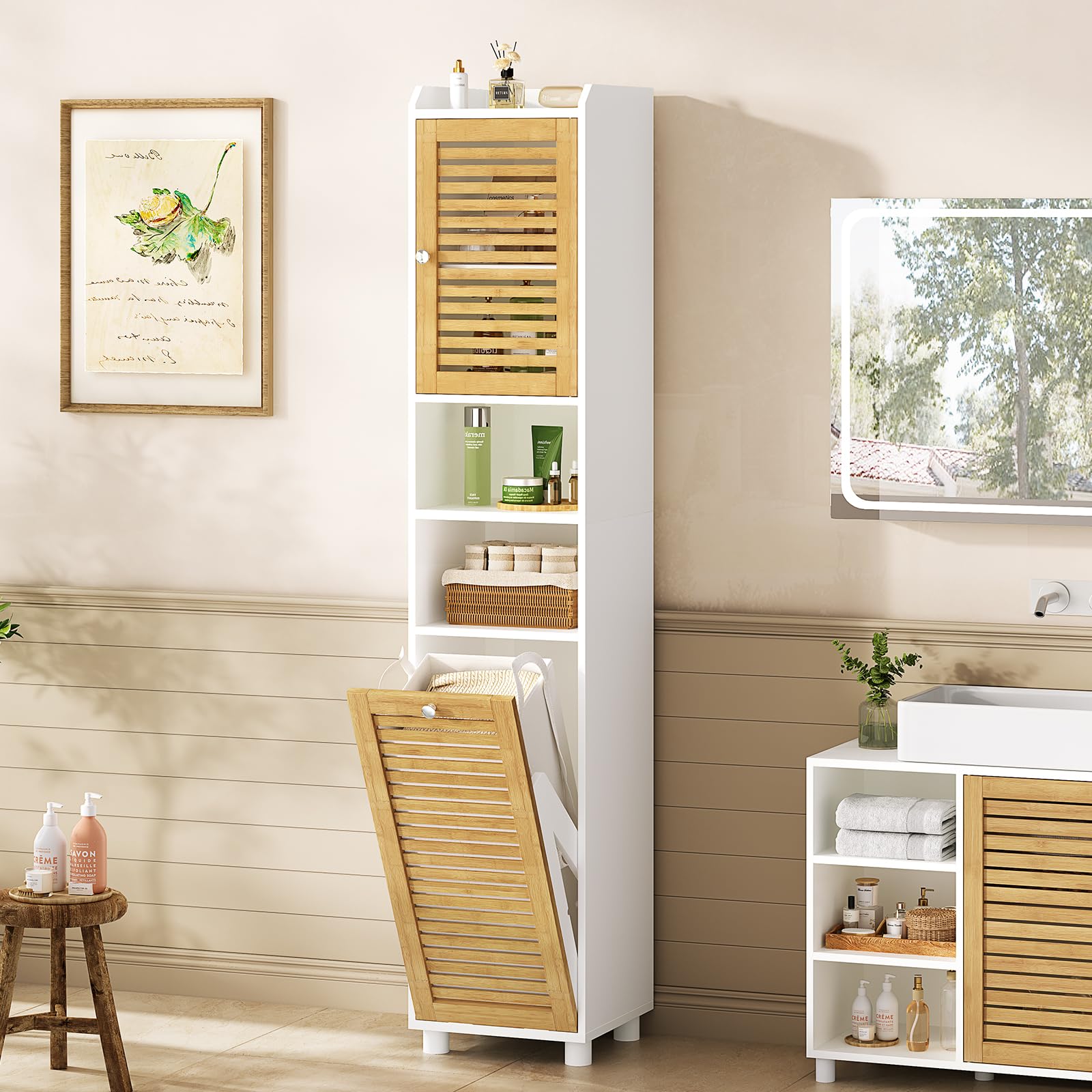 Badezimmerschrank hoch mit Wäschekorb, Badschrank hochschrank mit verstellbaren Ablagen, offene Fächer, Badezimmer hochschrank für Badezimmer/Waschküche, Modern, Weiß, 30 x 30 x 170 cm