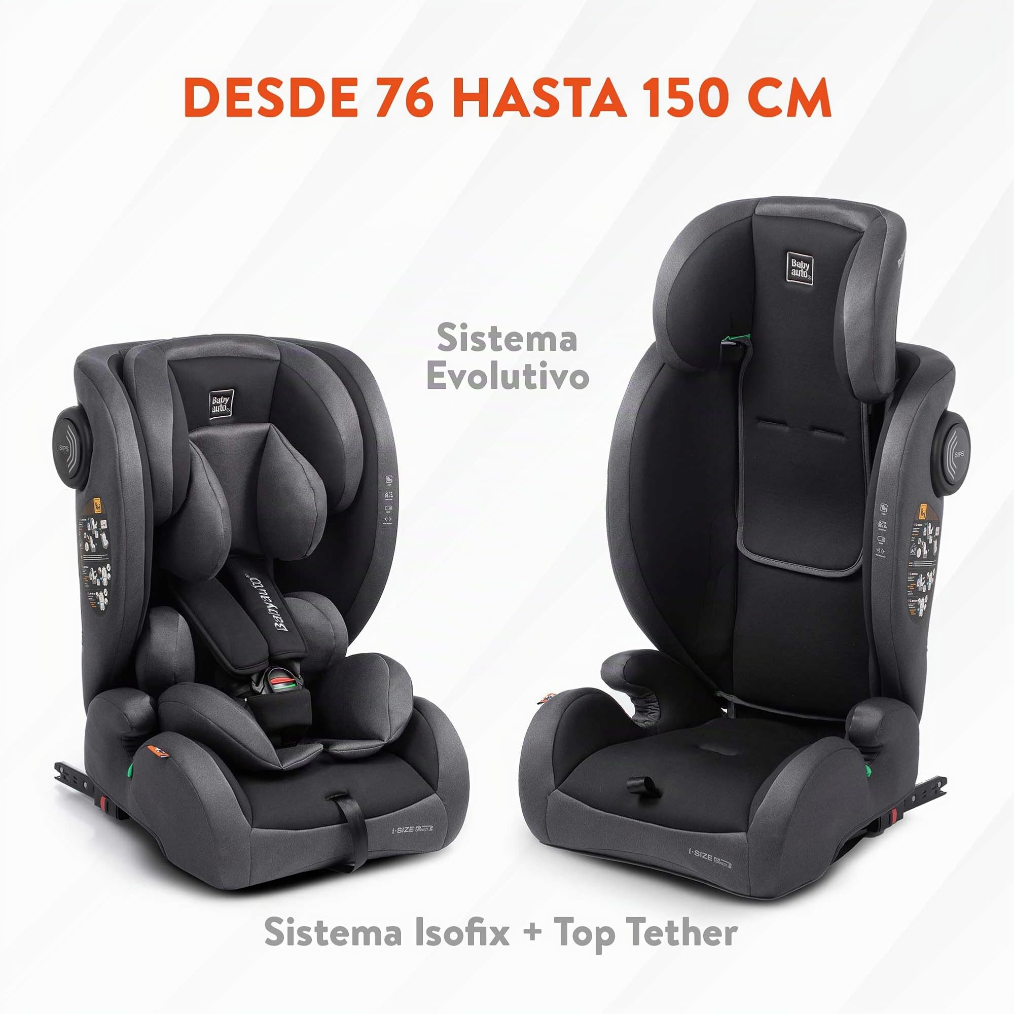 BABYAUTO – Silla de coche ZELAI ISIZE GR. 1/2/3 ISOFIX desde 9 a 36 KG – De 76-150cm de altura – Edad: desde 15 meses a 12 años – Armazón absorve impactos - Evolutiva STONE GREY