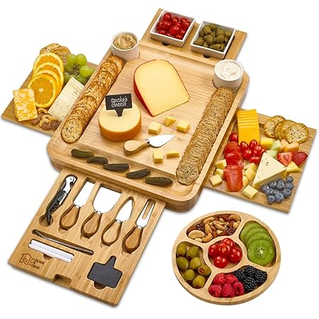 Cheese Board - 2 Ceramic Bowls 2 Serving Plates. Magnetic 4 Drawers Bamboo Charcuterie Cutlery Knife Set, Round Tray, 2 Forks, Wine Opener, Labels, Markers, Gift for Birthdays, Weddings, Housewarming