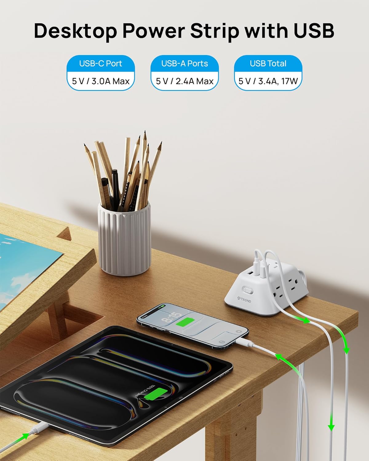 Desk Clamp Power Strip, Surge Protector with 5 AC Outlets and 3 USB Ports, Desk Mount Charging Station, Fit 1.97in Tabletop Edge Thick, 10FT Extension Cord, for Home Office Gaming Accessories, White