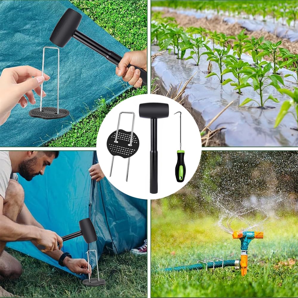 100 Piquetas+100 Arandelas+1recoger Gancho+1 martillo,Clavijas de Jardín en Forma de U,Estacas de Jardín Antirust,Clavos Jardín,Grapas Césped Artificial,Grapas de Jardín para Malla Antihierbas