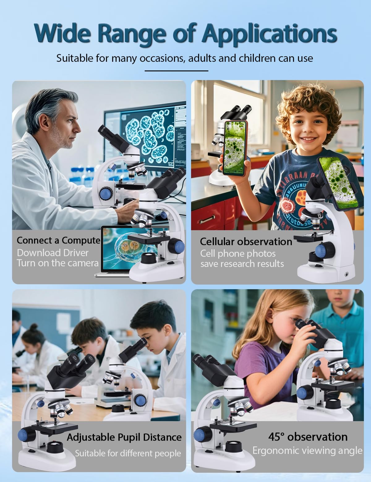 Microscopio para adultos WF10x y WF25x, cámara USB de aumento de 40X-2000X, microscopio para adultos, adecuado para laboratorio y escuela (microscopio binocular sin bolsa de regalo)