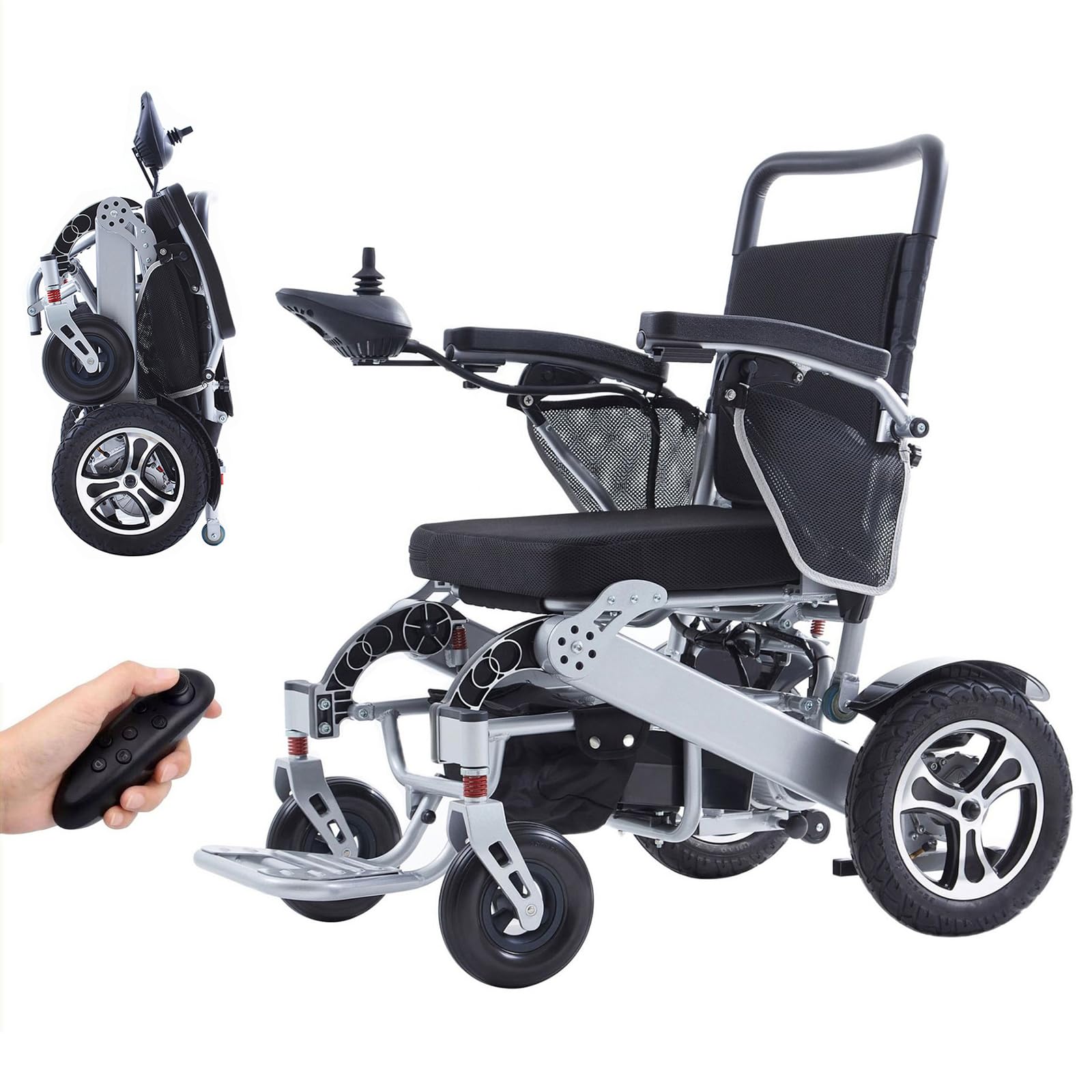 DYNAMISM Nuevas sillas de Ruedas eléctricas para Adultos, Silla de Ruedas Plegable Ligera de 24 kg, Motores duales de 250 W, Controladores duales, Modos duales (eléctrico/Manual),Silver