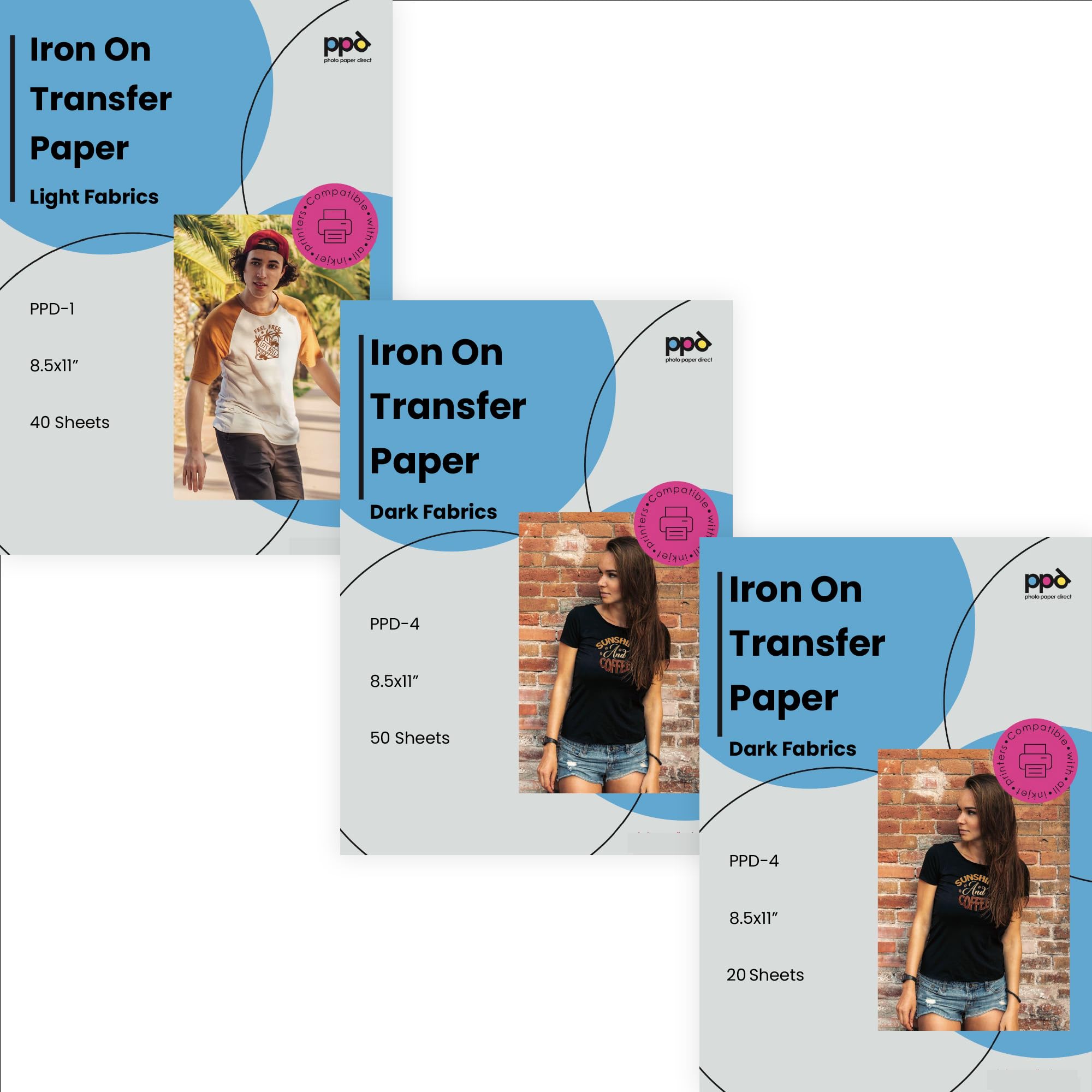 PPD Premium Iron T-Shirt Transfer Paper Dark, Black, Light and White, LTR 8.5x11", 20, 40 and 50 Sheets (Bundle of 3)