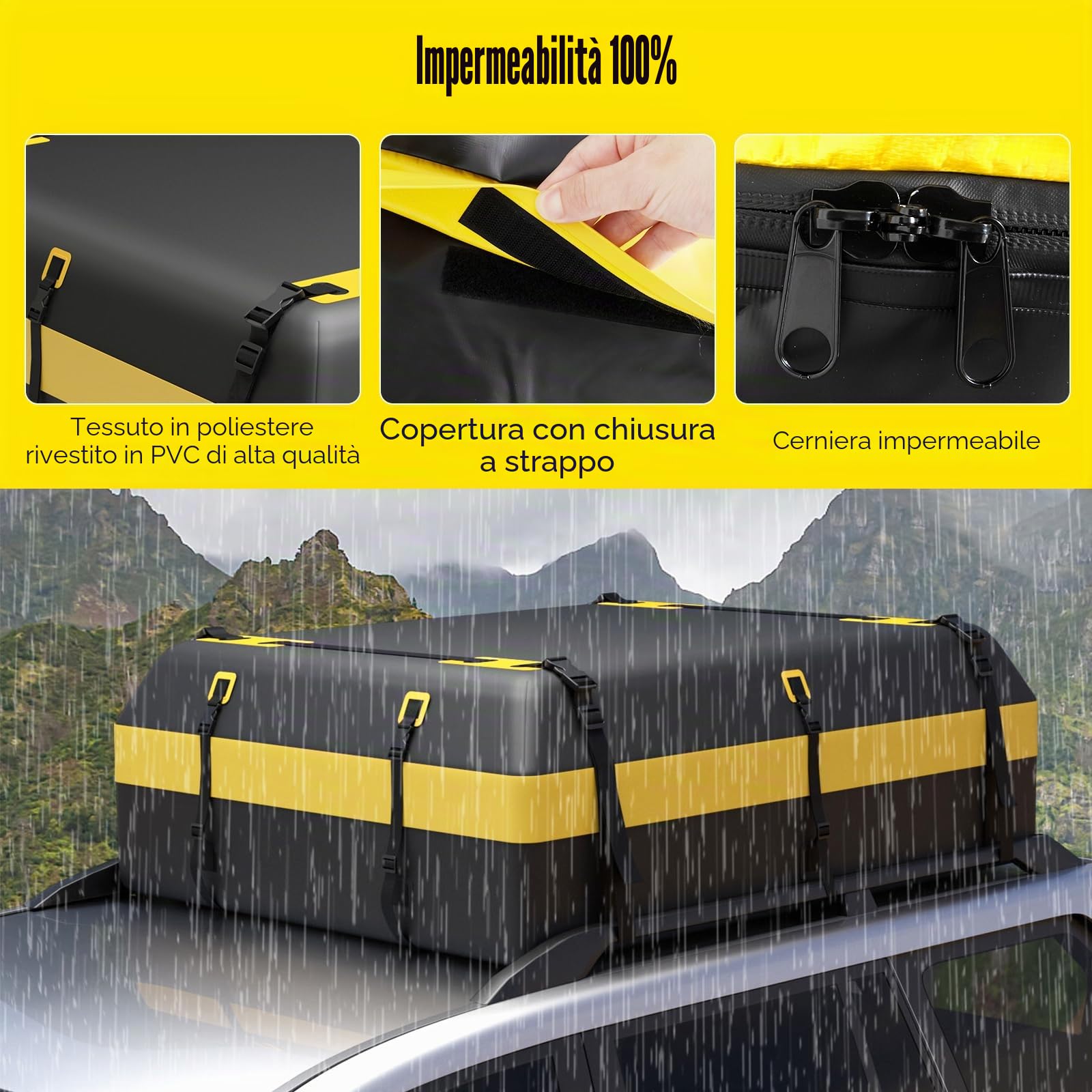 SOARS Box Tetto Auto 600 Litri, Portapacchi Auto Tetto 100 X 130 X 44 CM, Impermeabile con Tappetino Antiscivolo e Borsa per il Trasporto, Porta Bagagli Universale per Auto, SUV (Nero+Giallo-600L)