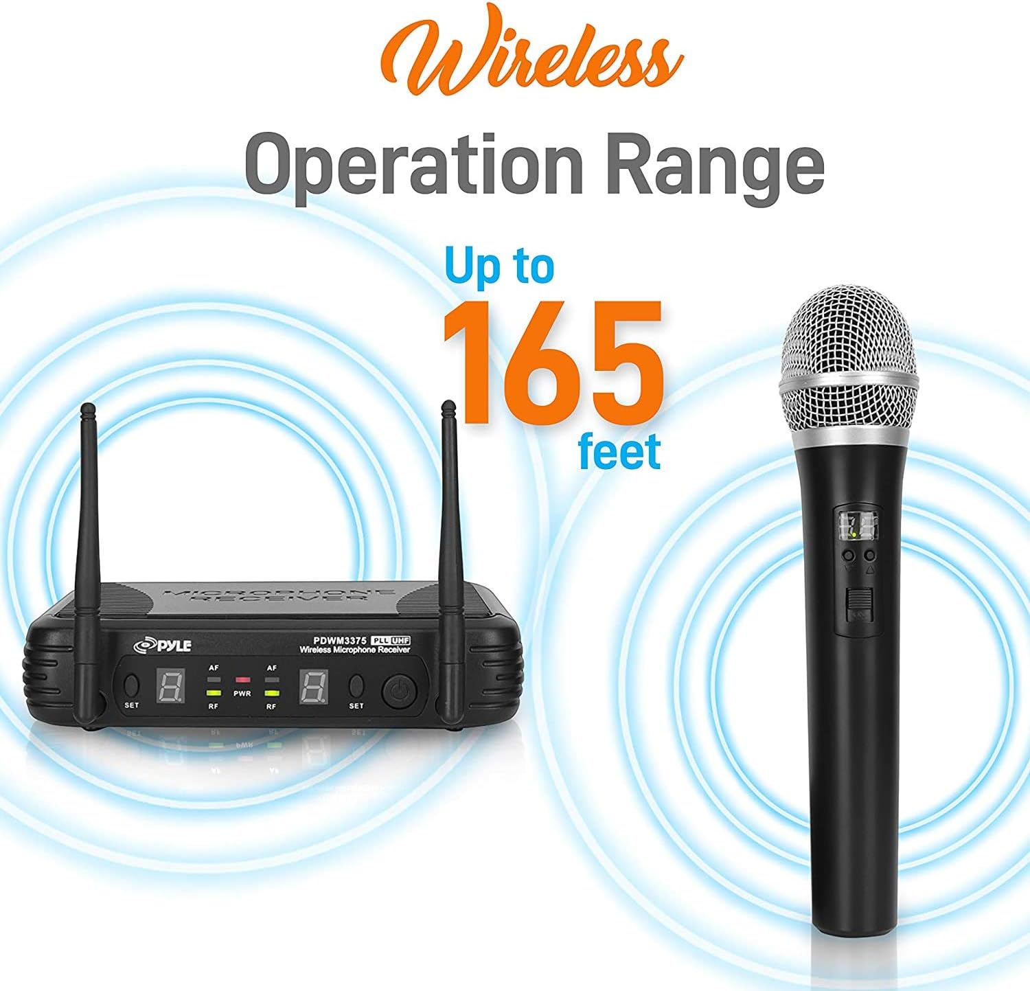 Pyle Professional Wireless Handheld Microphone System - Dual UHF Band, Wireless, Handheld, 2 MICS w/ 8 Selectable Frequency Channels, Independent Volume Controls, AF & RF Signal Indicators